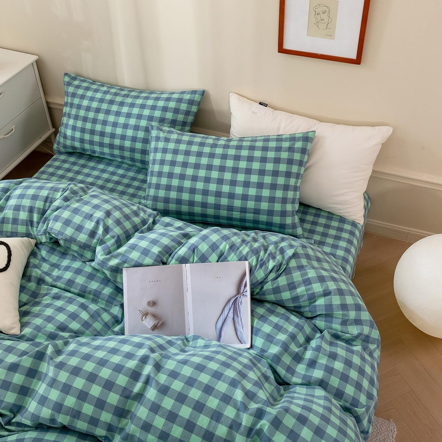 VM VOUGEMARKET Green Plaid Bedding Set Queen 3 Pieces Denim Blue Checkered Duvet Cover with Zipper Ties 2 Pillowcases 100% Washed Cotton Luxury Soft Breathable Durable