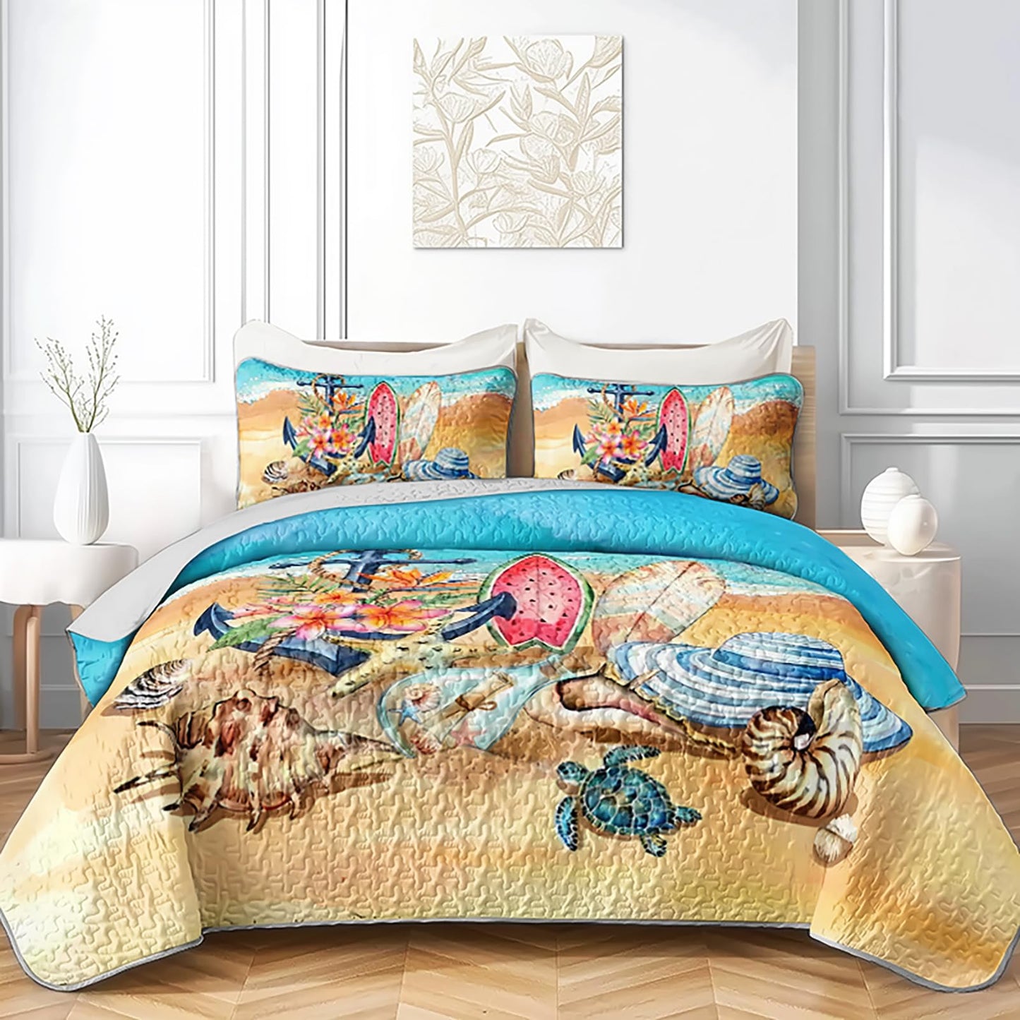 AILONEN Ocean Beach Bedding Quilt Set Queen Size,Tropical Boat Anchor Surfboard Theme Bedspread Coverlet,Blue Soft Lightweight (Quilt,2 Pillowcases)