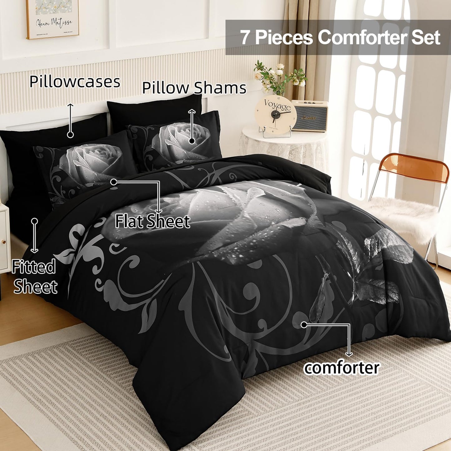 Xruibed Floral Comforter King Black Bed in a Bag Rose 7PCs Comforter Set Soft Micorfiber Bedding Set (1 Comforter,2 Pillow Shams,1 Flat Sheet,1 Fitted Sheet,2 Pillowcases)