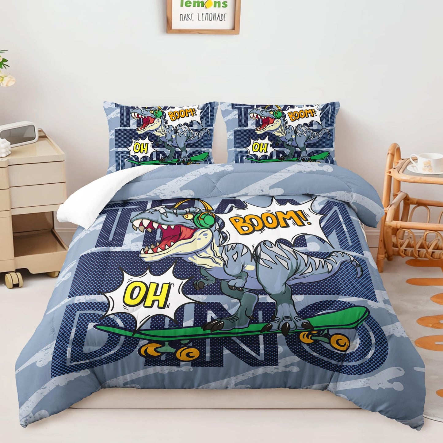 AILONEN Dinosaur Comforter Set, Twin Size, Bedding Set Decor, Music Hip Hop Dinosaur Bed in a Bag for Boys Kids - 3 Pieces Blue Comforter and 2 Pillowcases