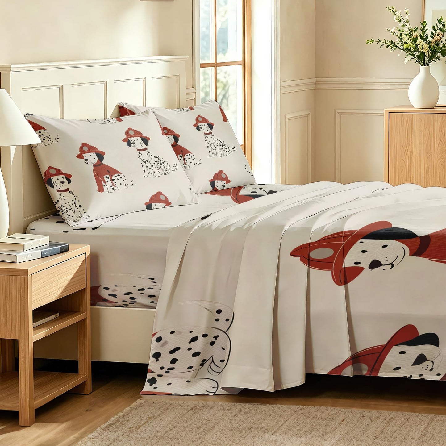 Firefighter Dog Twin Bedding Set Dalmatian Sheet Sets, Red Beige
