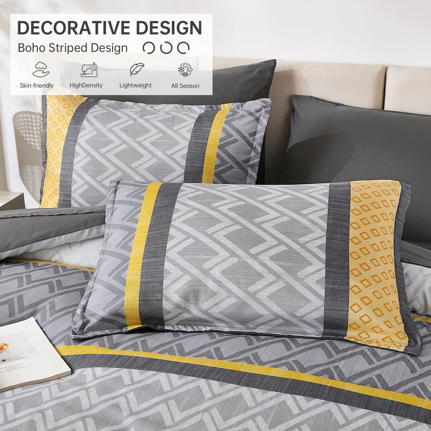 Cottolester Queen Comforter Set 7 Pieces,Yellow and Grey Boho Striped Bed in a Bag,Soft Microfiber Complete Bedding Sets