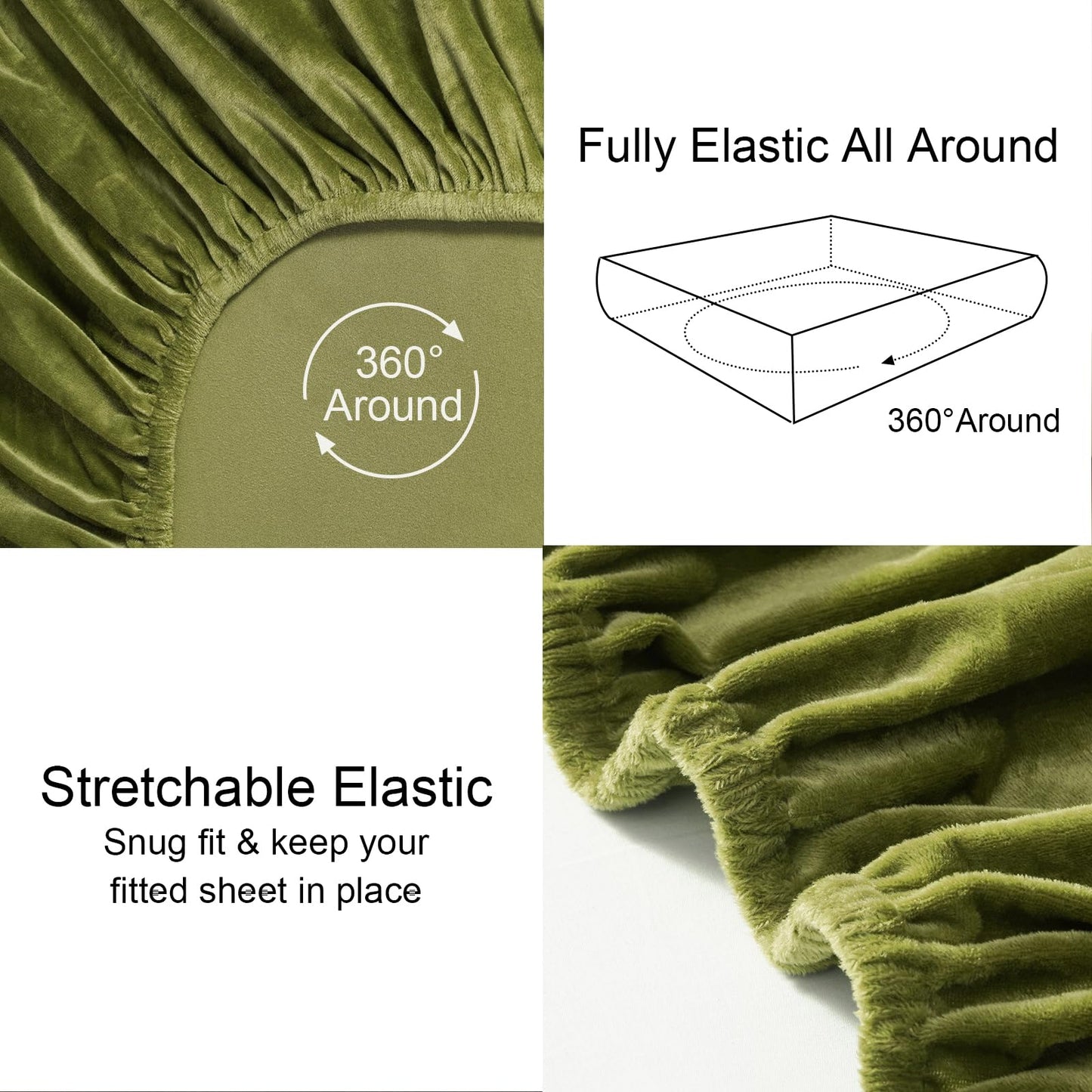 PHF Ultra Soft Velvet Fitted Sheet Queen Size, 16" Deep Pocket with Wider Stronger Elastic Band, Easy Fit Easy Care, 1 Pack Cozy Comfy Flannel Bottom Sheet for All Seasons, No Pillowcases, Olive Green