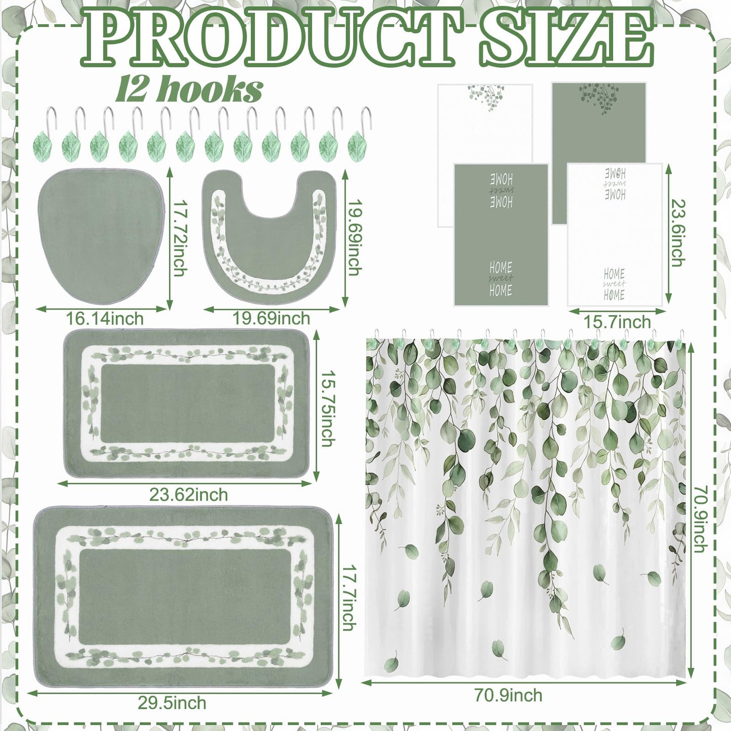 Peryiter 21 Pcs Sage Green Bathroom Set Eucalyptus Leaves Shower Curtain with 12 Leaf Hooks, 4 Sage Green Bath Towels 2 Non-Slip Rugs U-Shaped Toilet Mat & Cover Eucalyptus Decor for Bathroom
