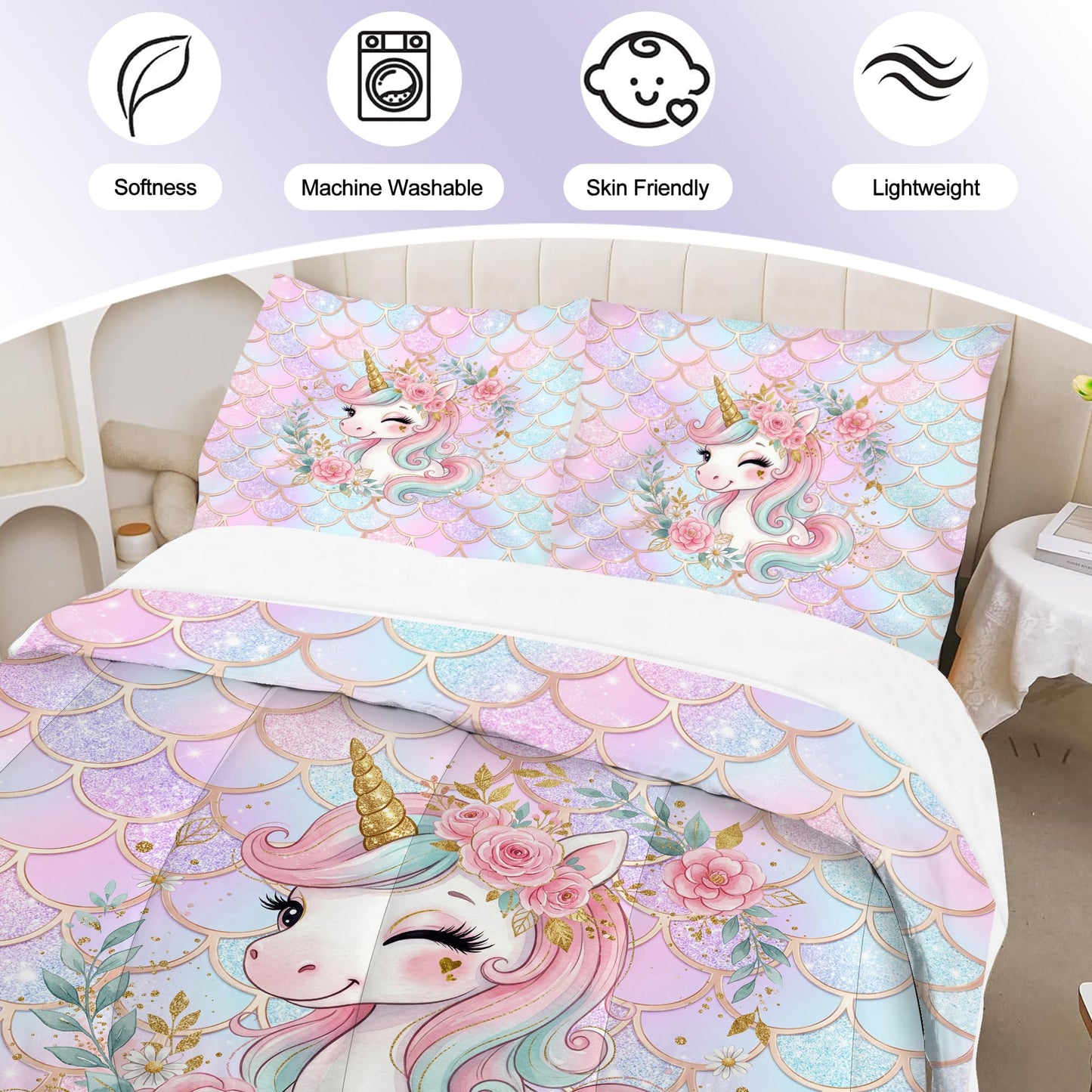 VTKON Unicorn Mermaid Bedding Set Twin Size, Pastel Pink Blue Glitter Scales Comforter Set, Magical Fantasy Bed Set for Kids Girls Room with 1 Comforter + 1 Pillowcase