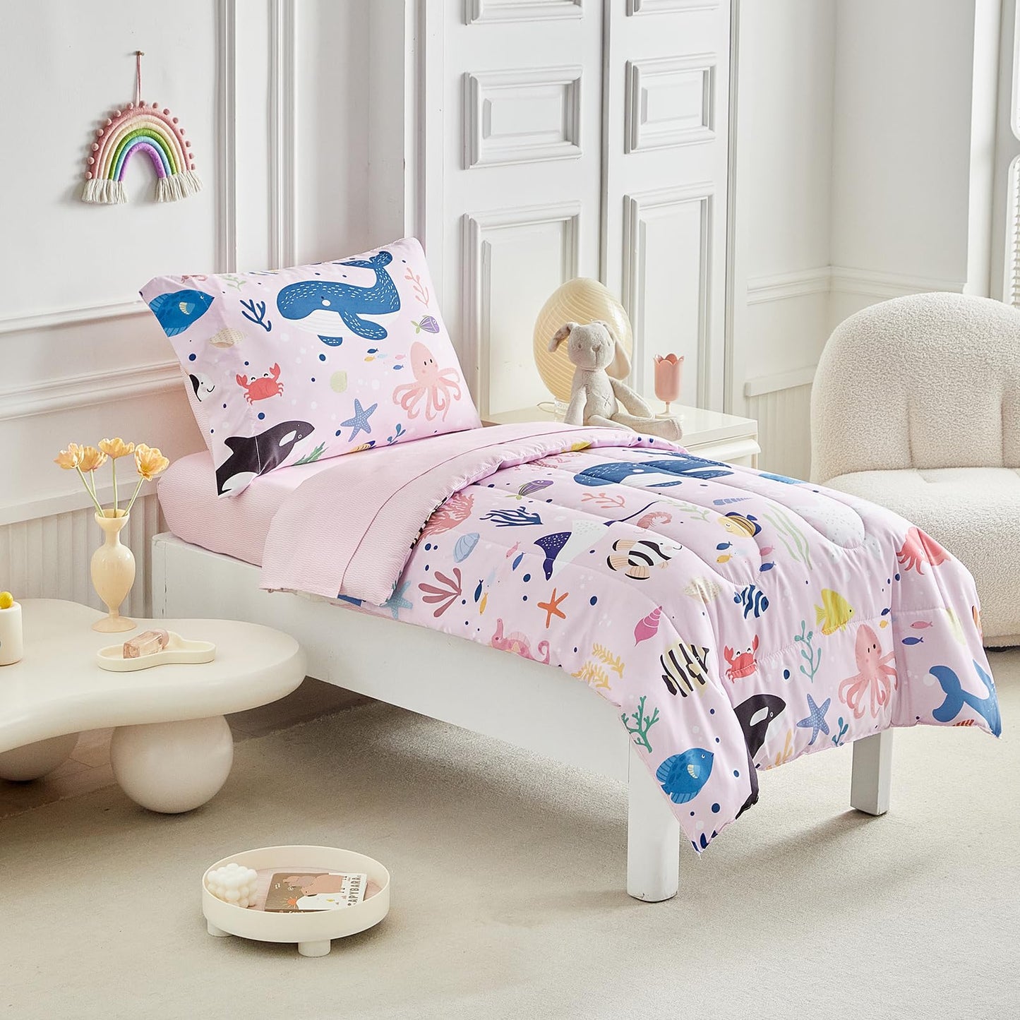 Joyreap 4 Piece Toddler Bedding Set for Girls- Ocean Theme Pink Design, Microfiber Toddler Bedding Comforter Set for All Seasons