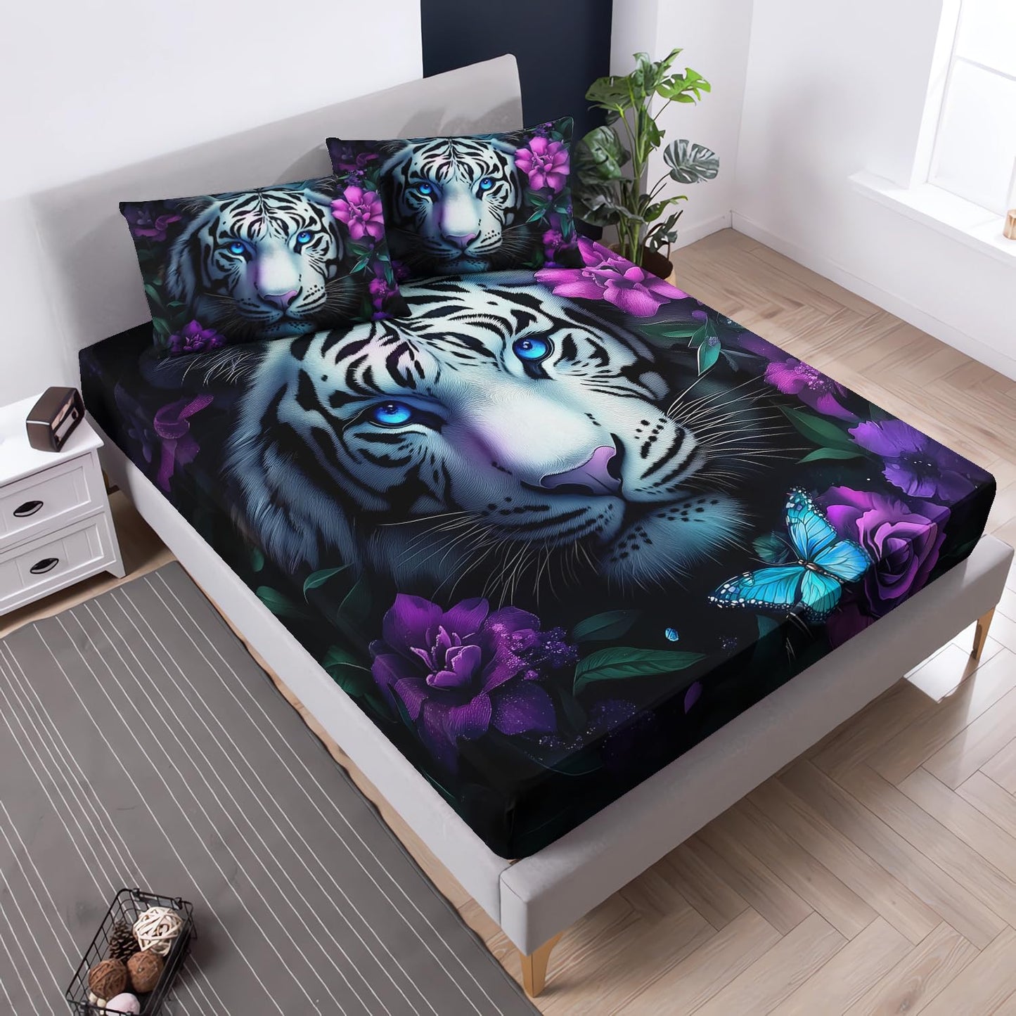 UEVBF Wild Animal Themed Fitted Sheet Set Twin Size,White Leopard Floral Print Bedding Sets for Kids Teens Room Decor,Gothic Bedding All Season,1 Fitted Sheet + 2 Pillowcases.