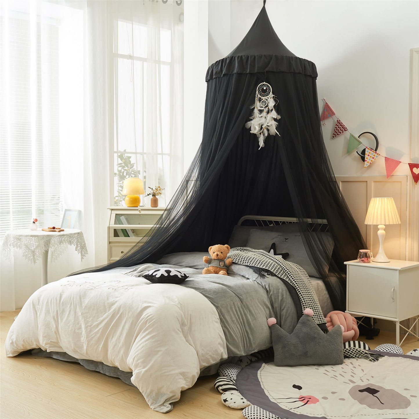 VETHIN Bed Canopy for Girls,Princess Round Dome Dreamy Mosquito Net Bedding Girls Room Castle Play Tent Hanging House Decor Reading Nook Canopies (Black/Black)
