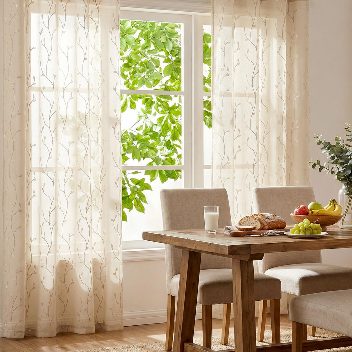 jinchan Sheer Curtains for Bedroom 96 Inch Length Leaf Embroidered Semi Sheers for Living Room Botanical Embroidery Voile Transparent Grommet Window Treatments 2 Panels