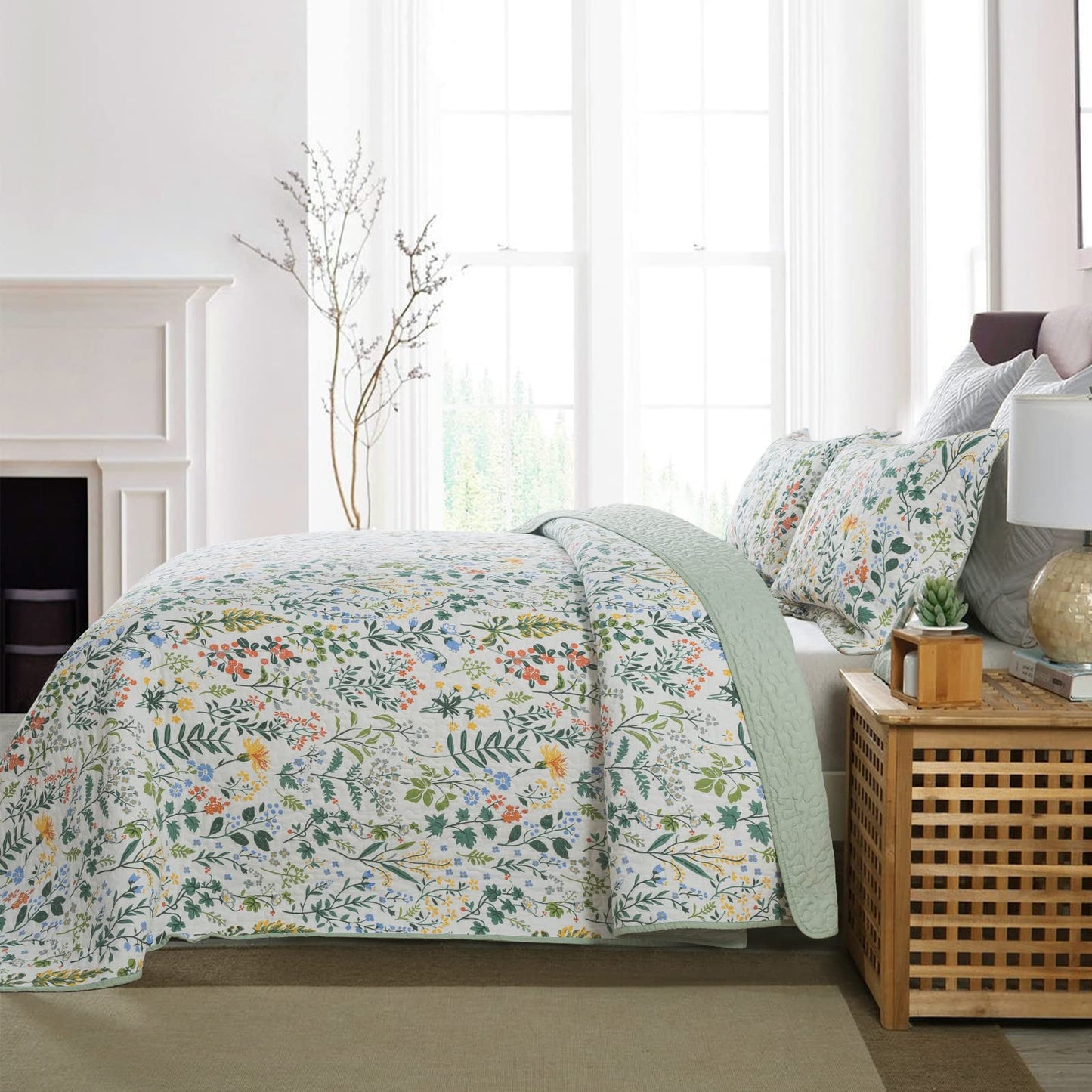 NEWLAKE Cotton Bedspread Quilt Sets-Reversible Patchwork Coverlet Set, Green Classic Floral Pattern, Queen Size