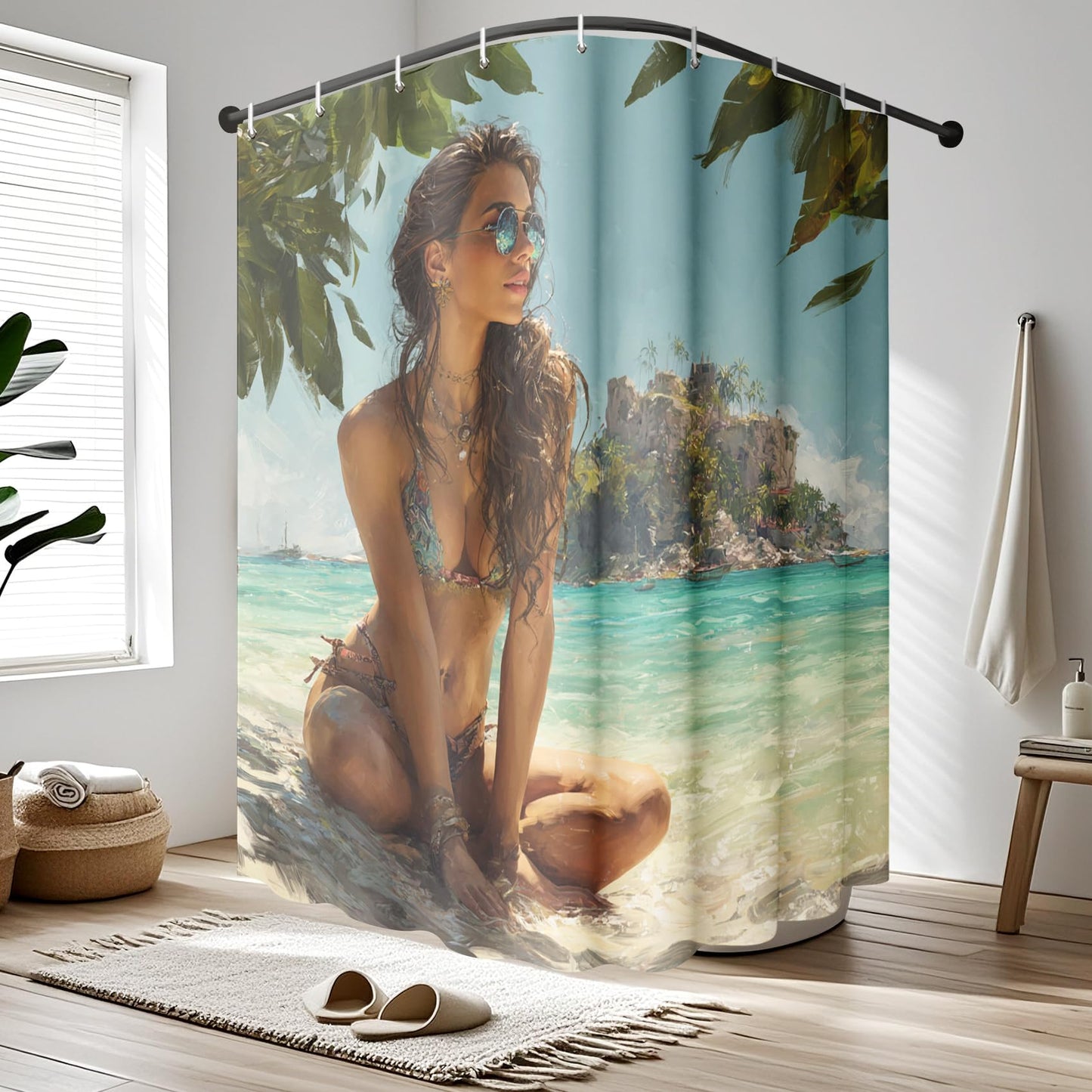 Tropical Shower Curtain Beach Seaside Bathroom Curtain Sexy Woman Shower Curtain with Hooks, Bathroom Decor, 36x72