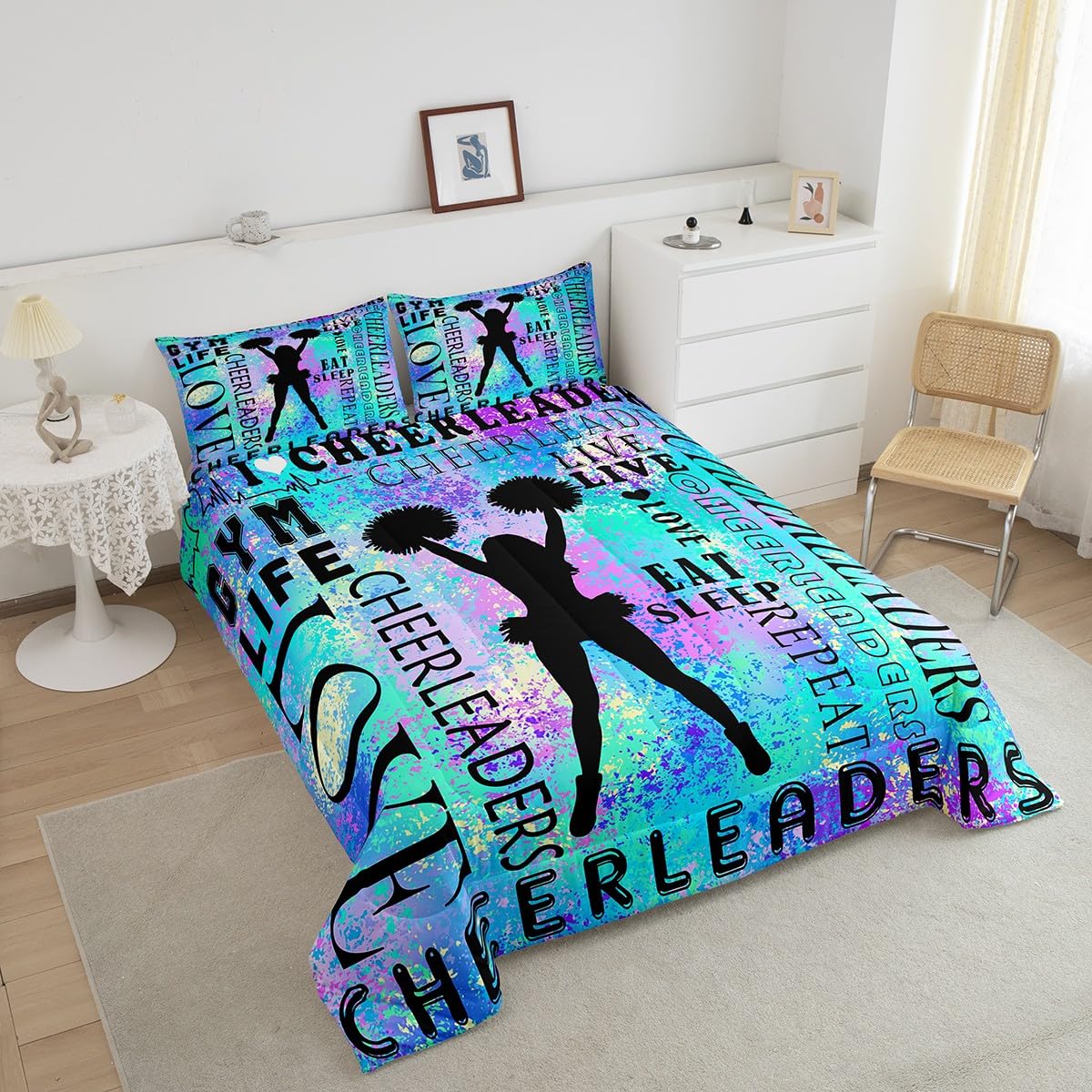Feelyou Cheer Bedding Set Full Size Kids Dancer Comforter Cover for Boys Girls Teens Blue Duvet Cover Breathable Soft Lightweight Microfiber