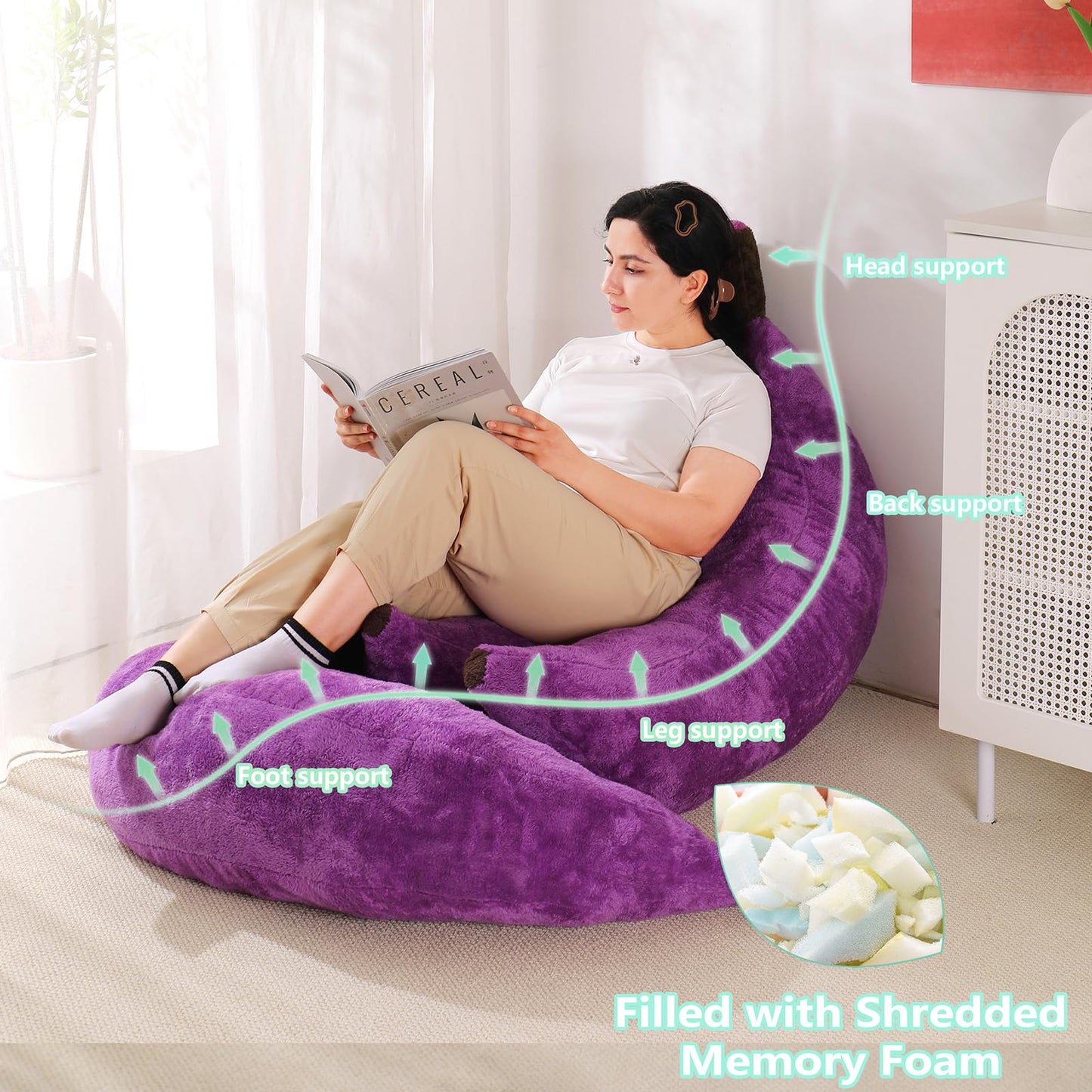 IEVENW Banana Bean Bag Chair with Ottoman, Floor Sofa Bed with Footrest, Comfy Convertible Lounger for Teens & Adults, Plush Couch for Bedroom, Living Room or Dorm, M-Violet