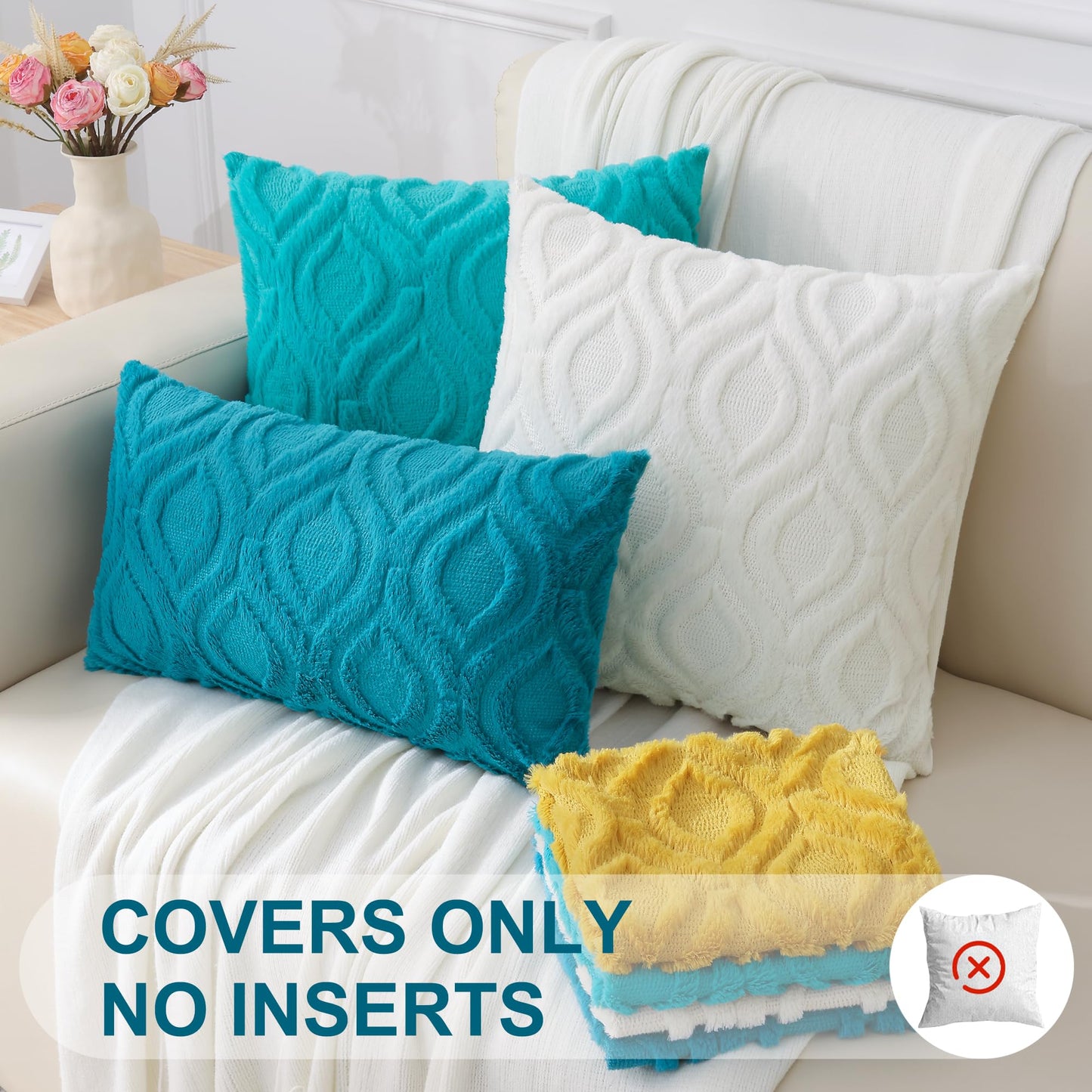 decorUhome Throw Pillow Covers 18x18 Inch Set of 2, Soft Plush Faux Wool Teal Solid Couch Pillow Covers, Accent Farmhouse Neutral Square Pillow Cases for Sofa Bed Living Room
