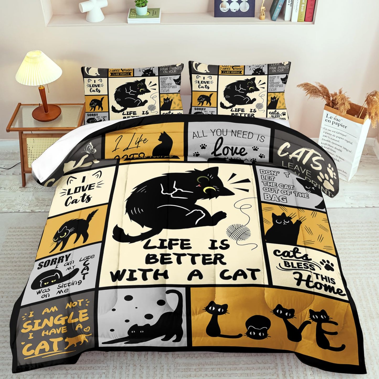 llyxsesty Halloween Black Cat Comforter Set Queen Girls Cartoon Cat Bedding Set forTeen Boys Animal Comforter Queen Quilt Cute Pet Room Decor Animal Bedding Halloween Bedroom Decor