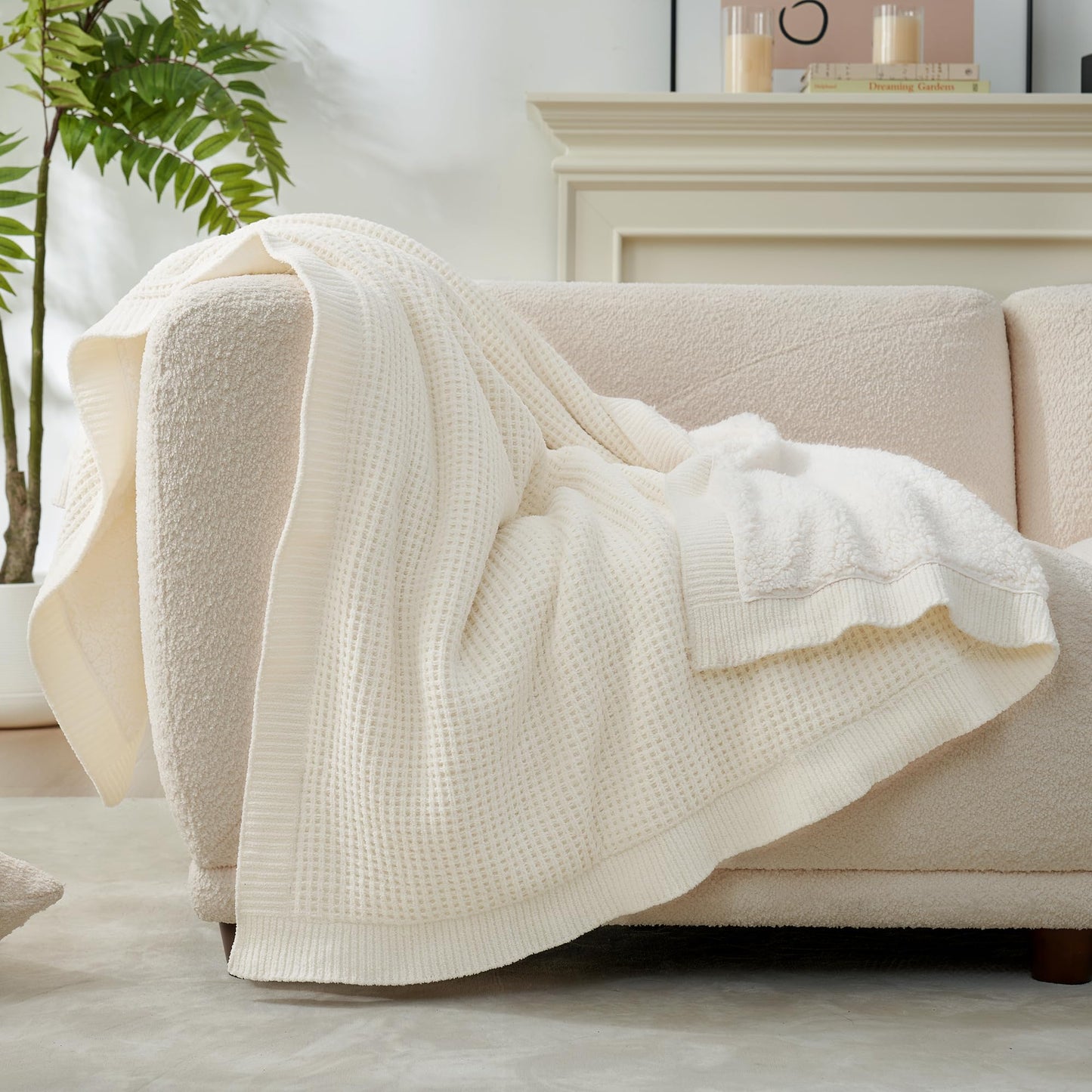 Amélie Home Reversible Waffle Weave Throw Blanket, Chenille Knit with Warm Sherpa, Soft Cozy Blanket for Couch, 50"x60", Ivory