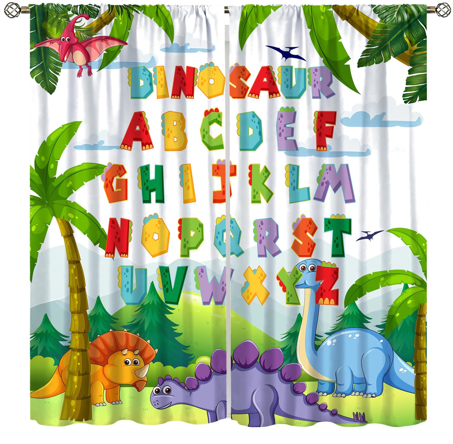 AAVEUP Dinosaur Alphabet ABC Curtains, Cartoon Jurassic Forest Plants for Educational Learning Windows Treatments Drapes for Kids Boys Nursery Children Toddler Bedroom 42x45in（No Blackout）