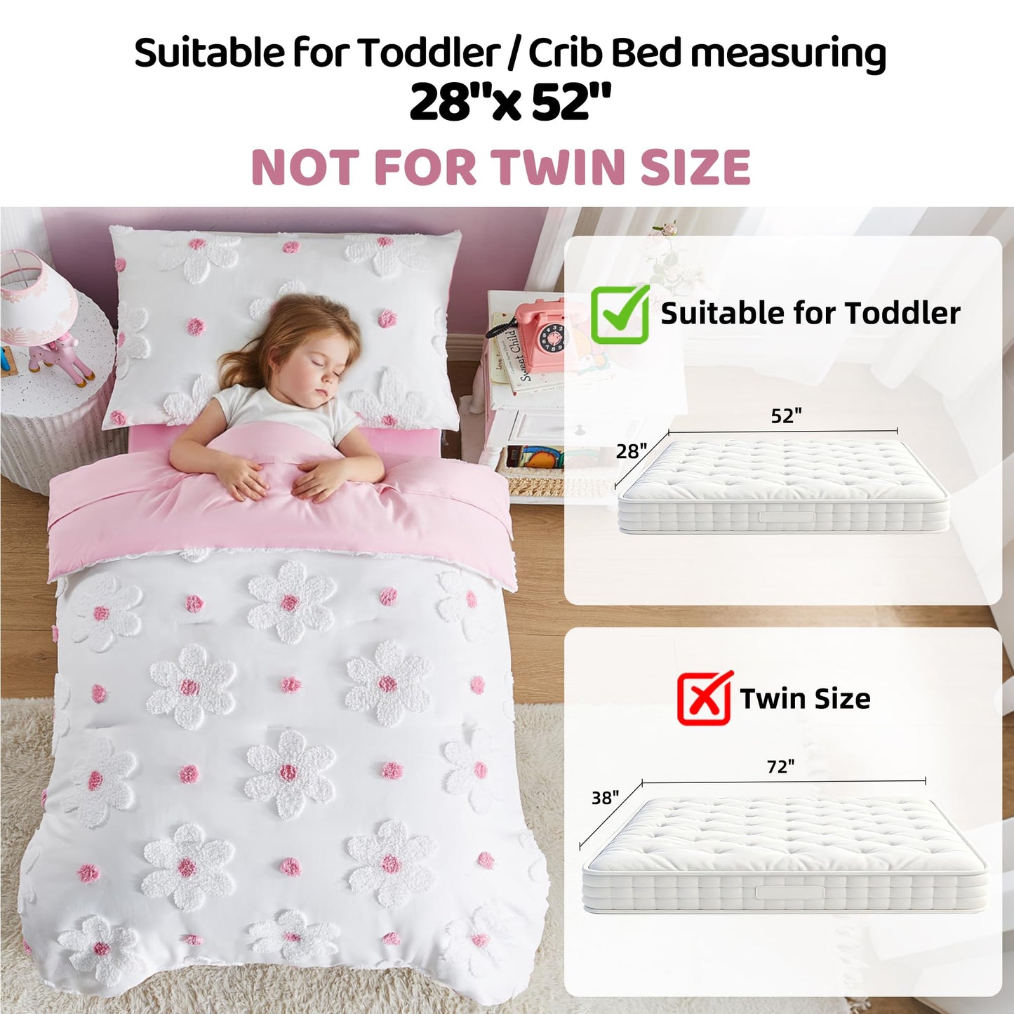 CotComf Toddler Bedding Set for Girls 4-Piece Pink Boho Tufted Daisy Flowers Toddler Comforter Set Bed-in-a-Bag Toddler Sheets Bedroom Set with Toddler Comforter, Flat Sheet, Fitted Sheet, Pillowcase