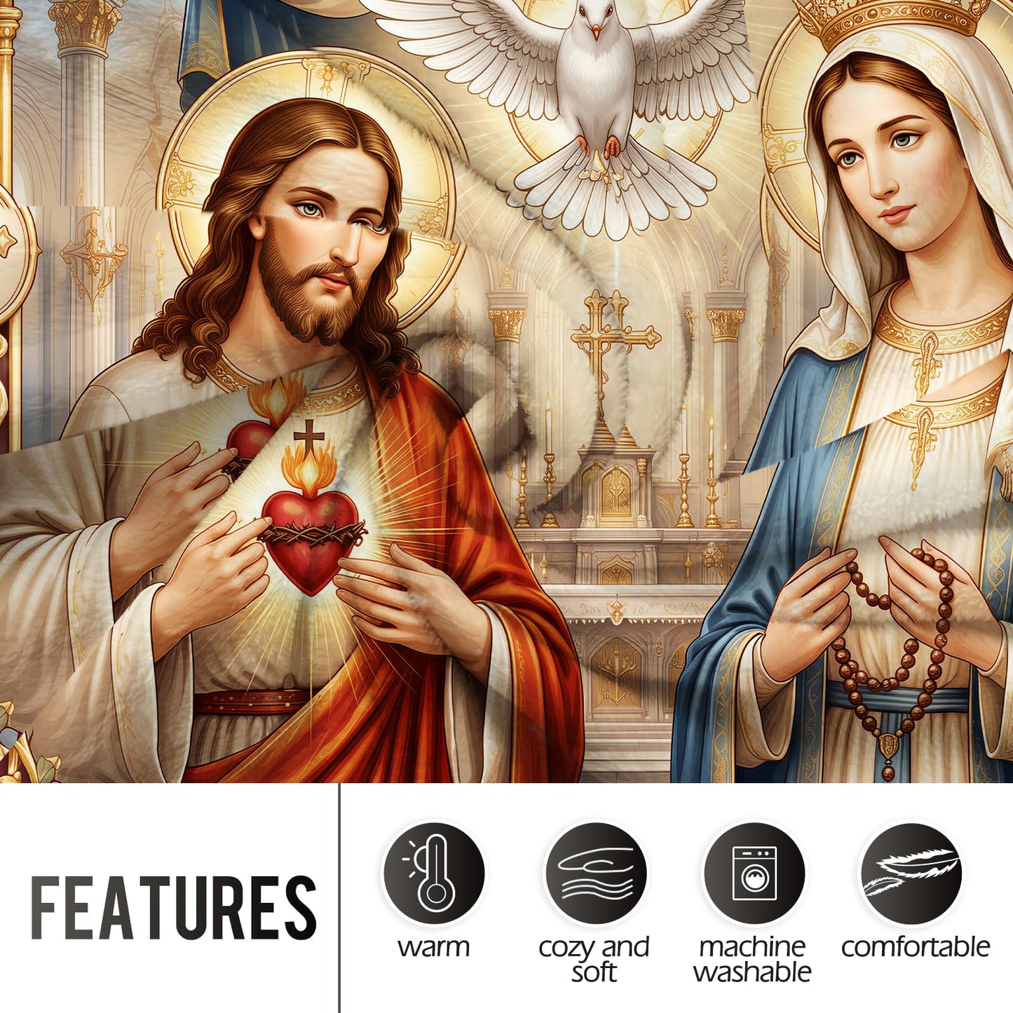 Levens Christian Holy Trinity Flannel Throw Blanket 50x60 | Sacred Heart Jesus Mary Religious Blanket for Christian Gift, Chapel, Prayer Room, Meditative Devotional Decor, Spiritual Blessing Gift