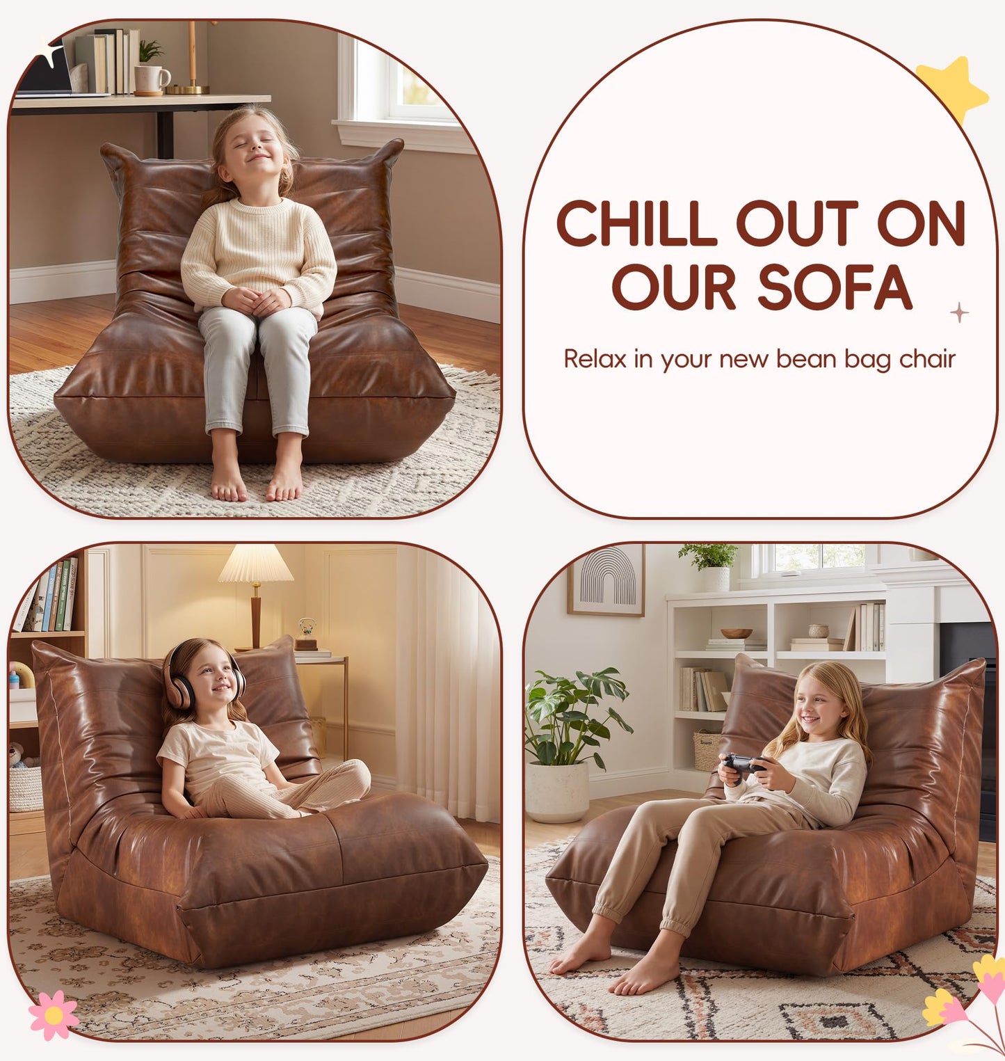 Hobestluk Bean Bag Chair for Kids Toddler Bean Bag Chair with Memory Foam Filler Leather Beanbag with Spacious Design Bean Bag Couch for Reading Gaming Relaxing (Brown, Small)