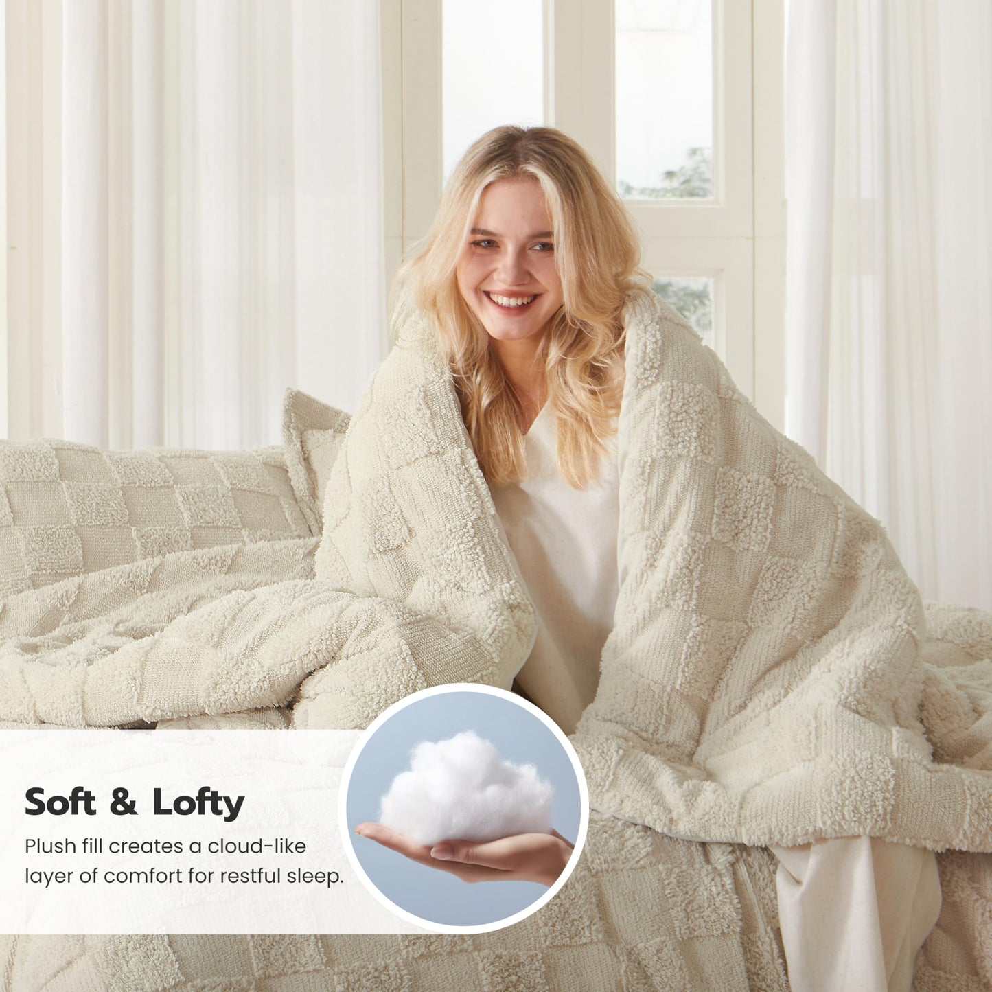 Joiedomi King Size Comforter Set, 3 Pieces Beige Boho King Bedding Set with 1 Plaid Geometric Comforter and 2 Pillow Shams, Checkered Bed in a Bag for All Seasons