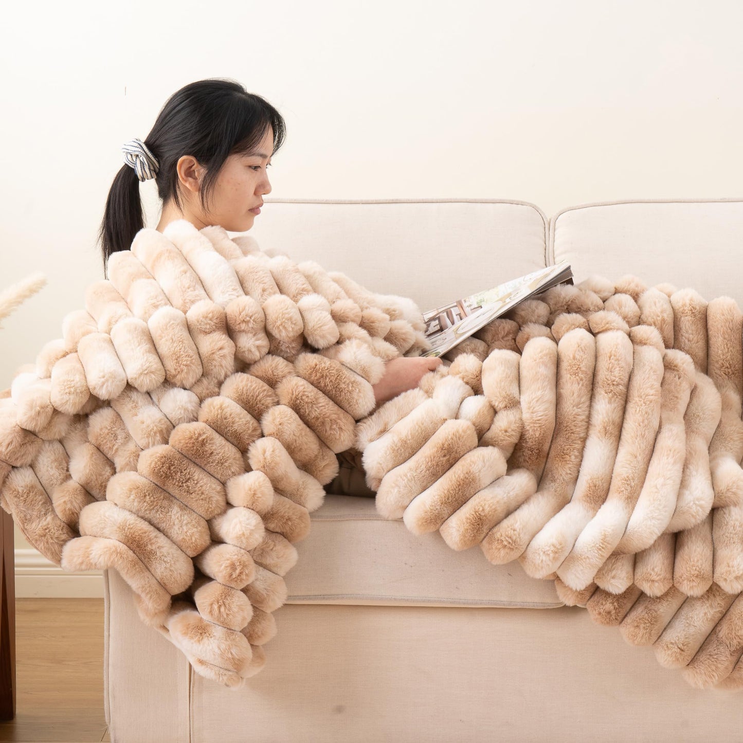 Battilo Beige Throw Blanket for Couch, Cozy Warm Plush Striped Rabbit Fur Throw Blanket for Bed, Super Soft Fuzzy Faux Fur Blanket for Living Room Bedroom, Home Decor & Gifts, 50"x60"