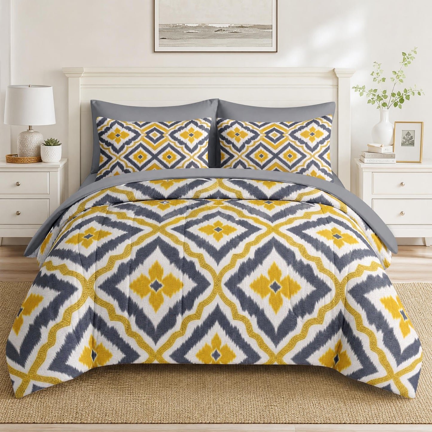 Boewywh Comforter Set Twin Size Geometric Yellow Gold 7 Pcs, Bedding for Kids and Adults, Grey Boho Bed Sheet Sets with Fitted Sheet 2 Pillowcases & 2 Shams for Bedroom Bed Decor