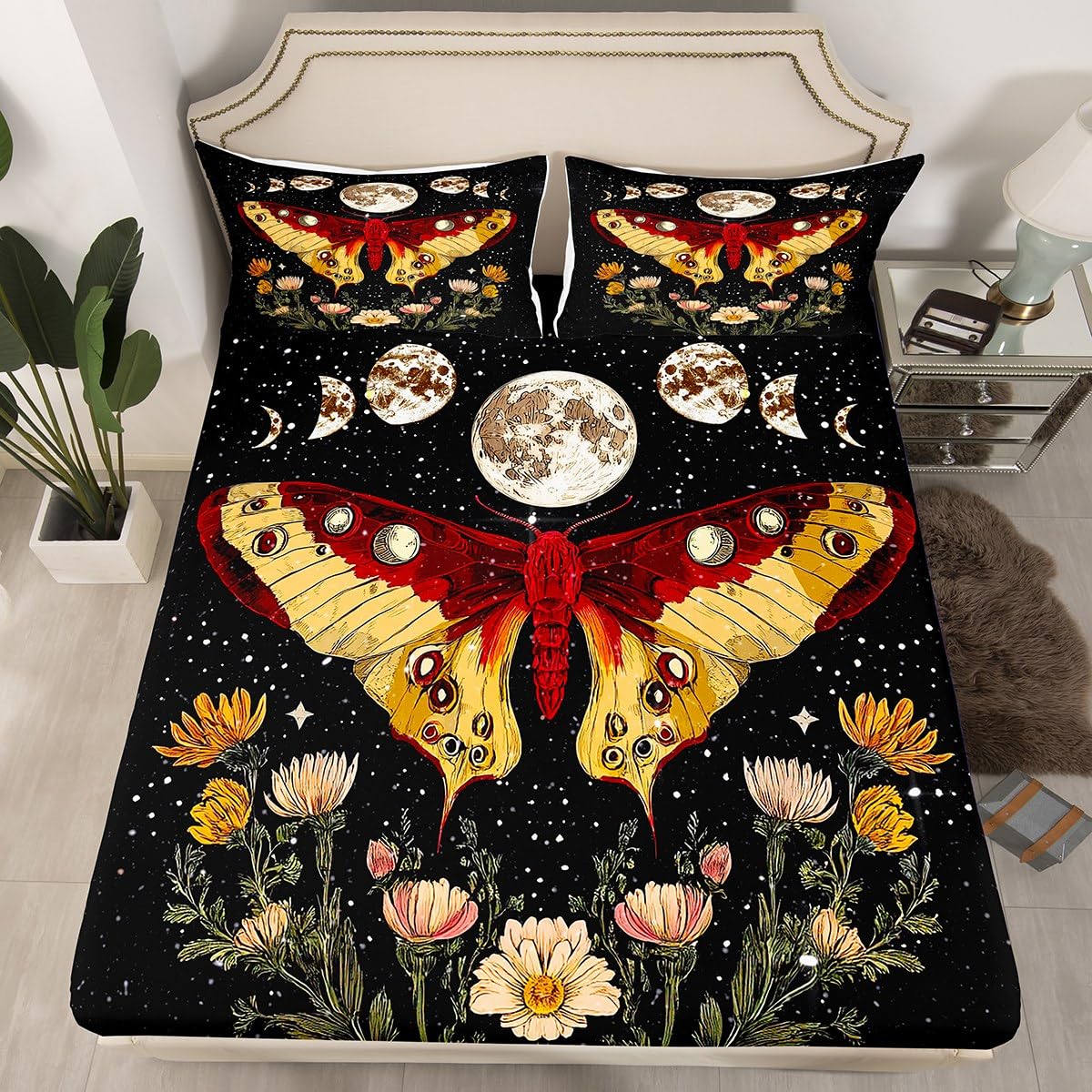 Feelyou Boho Moth Sheet Set Queen Size Kids Sun Moon Sheets with Deep Pocket Fitted Sheet for Boys Teens Gothic Bed Sheets Set Breathable Death Moth Bedding Set Botanical Floral Printed Bed Set