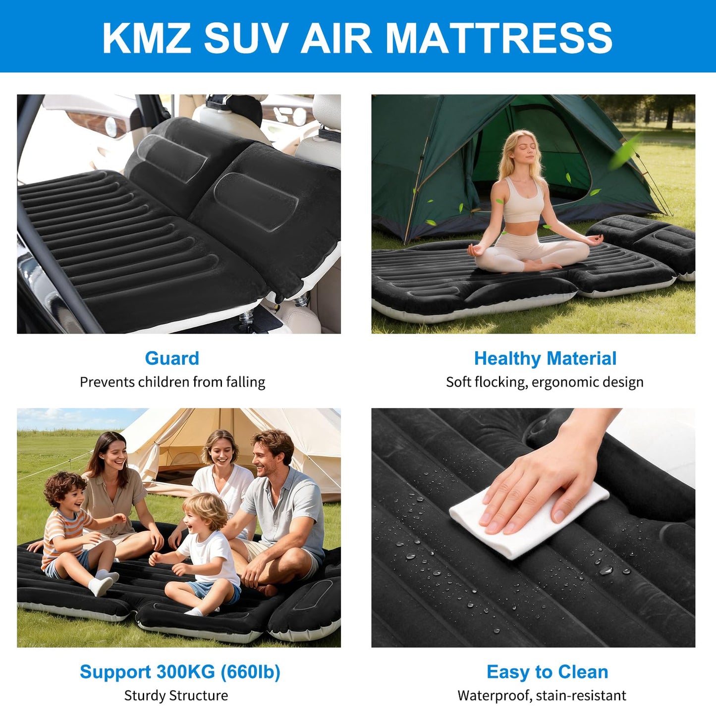 KMZ SUV Air Mattress with Electric Pump, Thick Double-Sided Flocked Camping Bed, Includes 2 Pillows & 2 Window Screens, Inflatable Travel Mattress for SUV Trunk and Rear Seat – Black