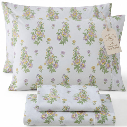 HLC.ME Color Block Printed Green Floral Sheets - Botanical Cottagecore Aesthetic - Floral Sheets Queen - Wrinkle Resistant & Ultra Soft - Fits Mattresses up to 15 Inches Deep (Queen, Lilac Purple)