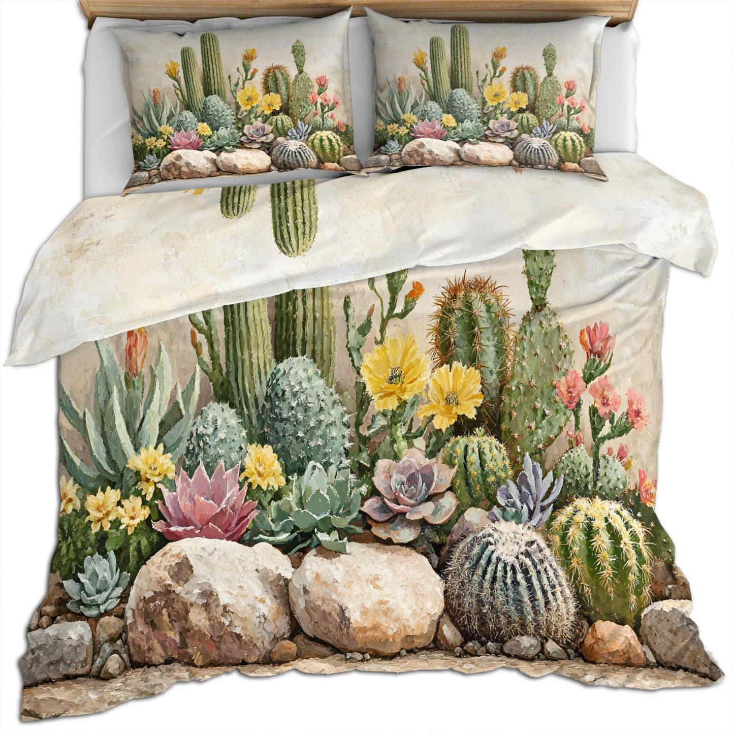 PAISUOQ Plant Bedding, Desert Cactus Duvet Cover Full, Plant Floral Comforter Cover with Zipper Ties, 3 Pieces with 2 Pillowcases, Home Decor & Gifts