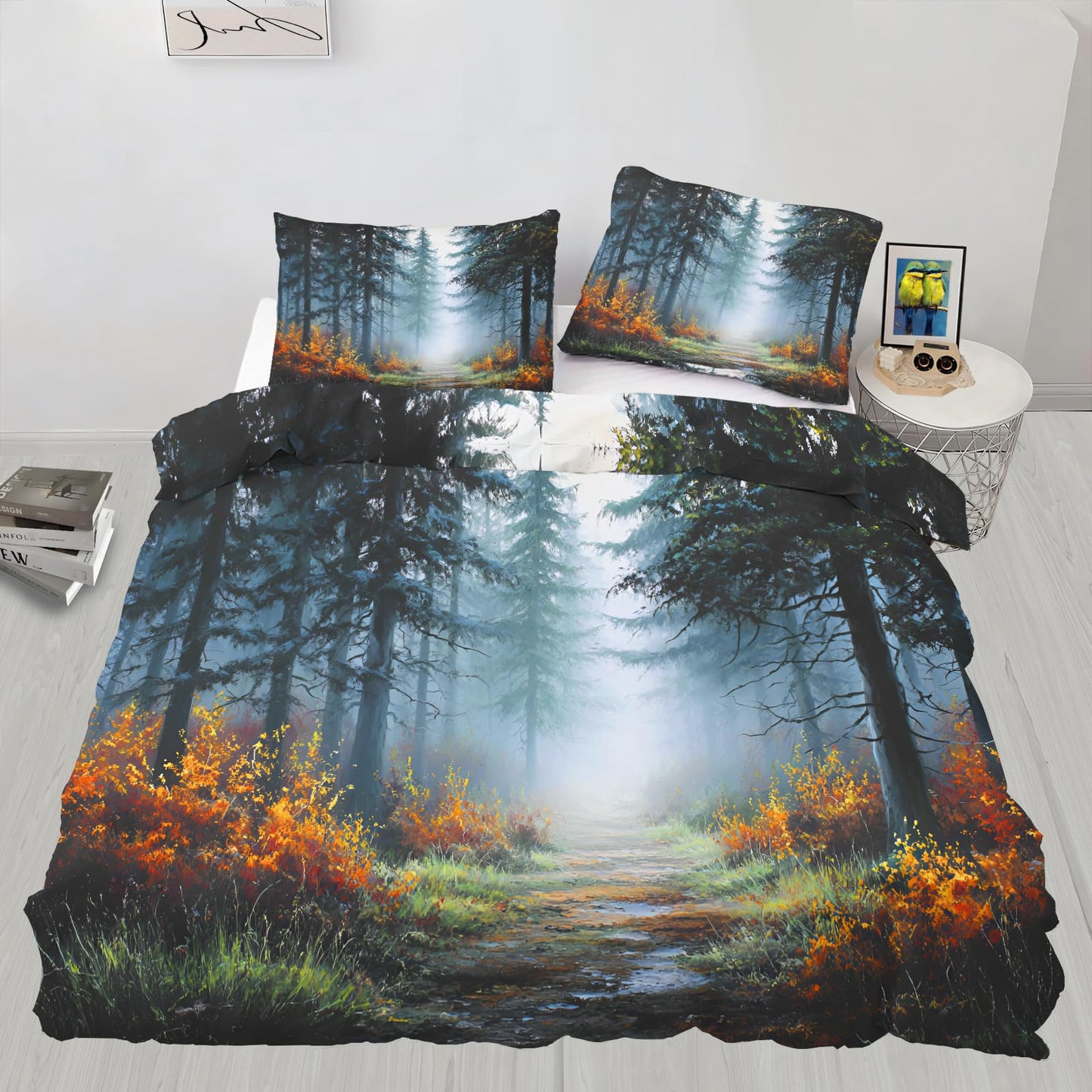 Misty Forest Duvet Cover 80" x 90", Forest Path Bedding Set, Natural Woodland Tree Comforter Cover with Zipper Ties