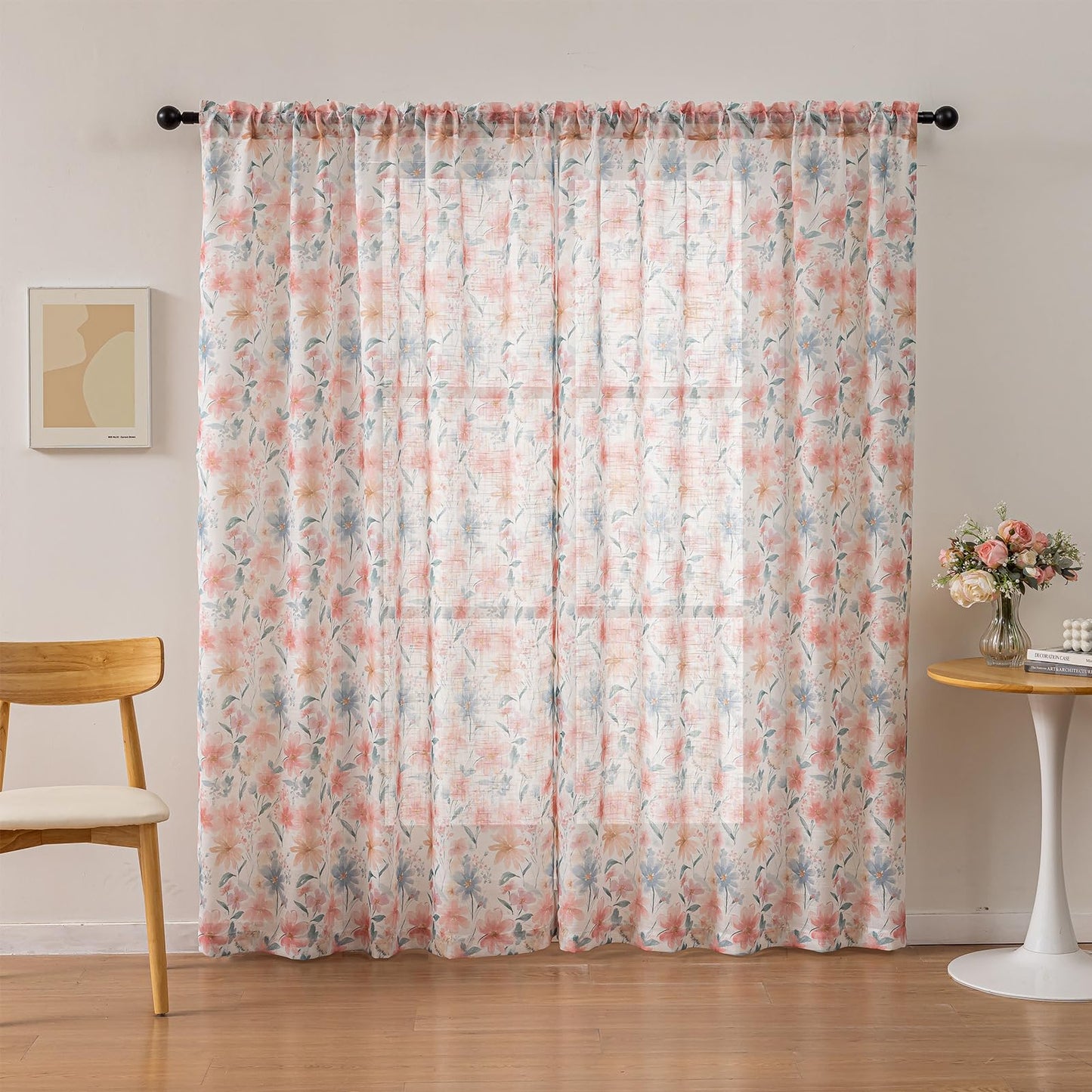 SUOUO Red Floral Semi Sheer Curtains Linen Textured for Living Room 84 inches Long Rod Pocket Print Grey Blue Leaf Window Drapes for Bedroom 2 Panels