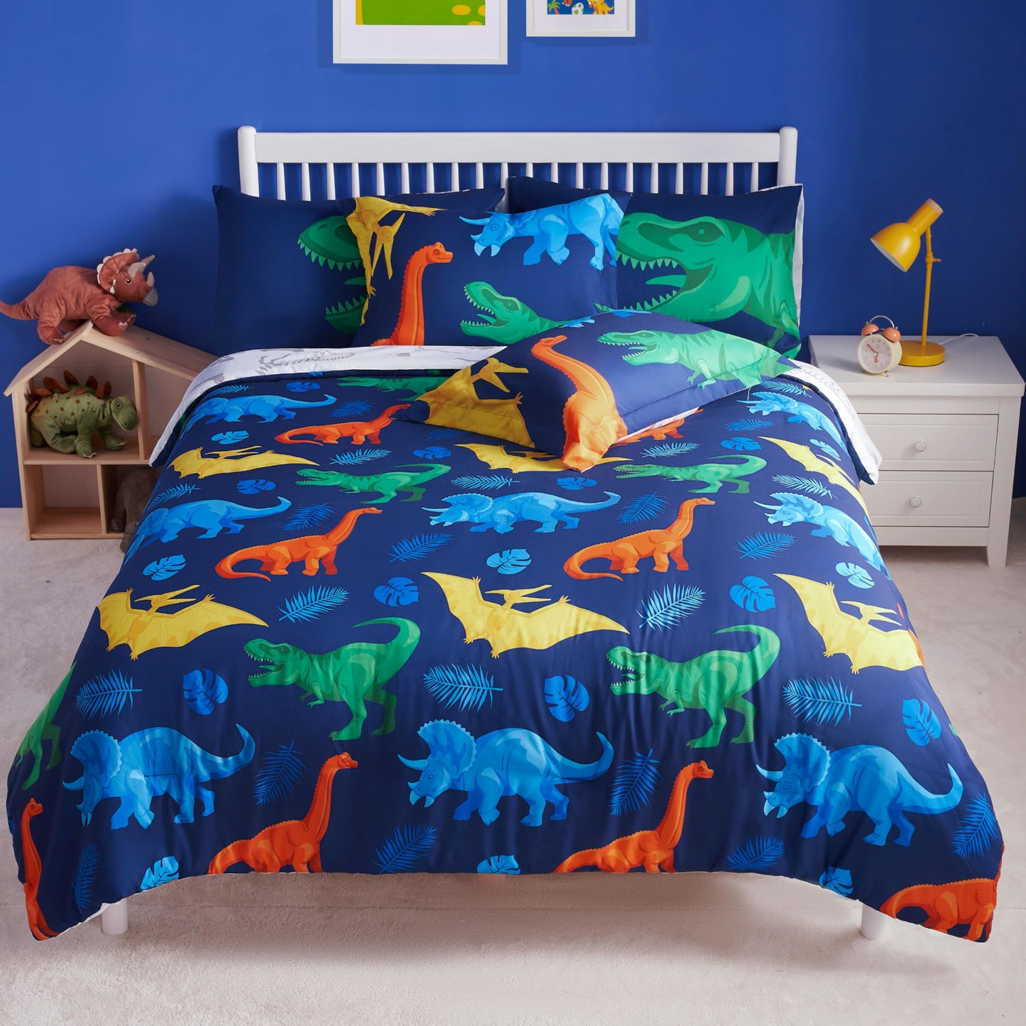 Joiedomi Kids Comforter Set Bedding Set for Boys Girls Super Soft Microfiber Bed in a Bag with Comforter Sheets Pillowcase Sham, Dark Blue Dinosaur, Full