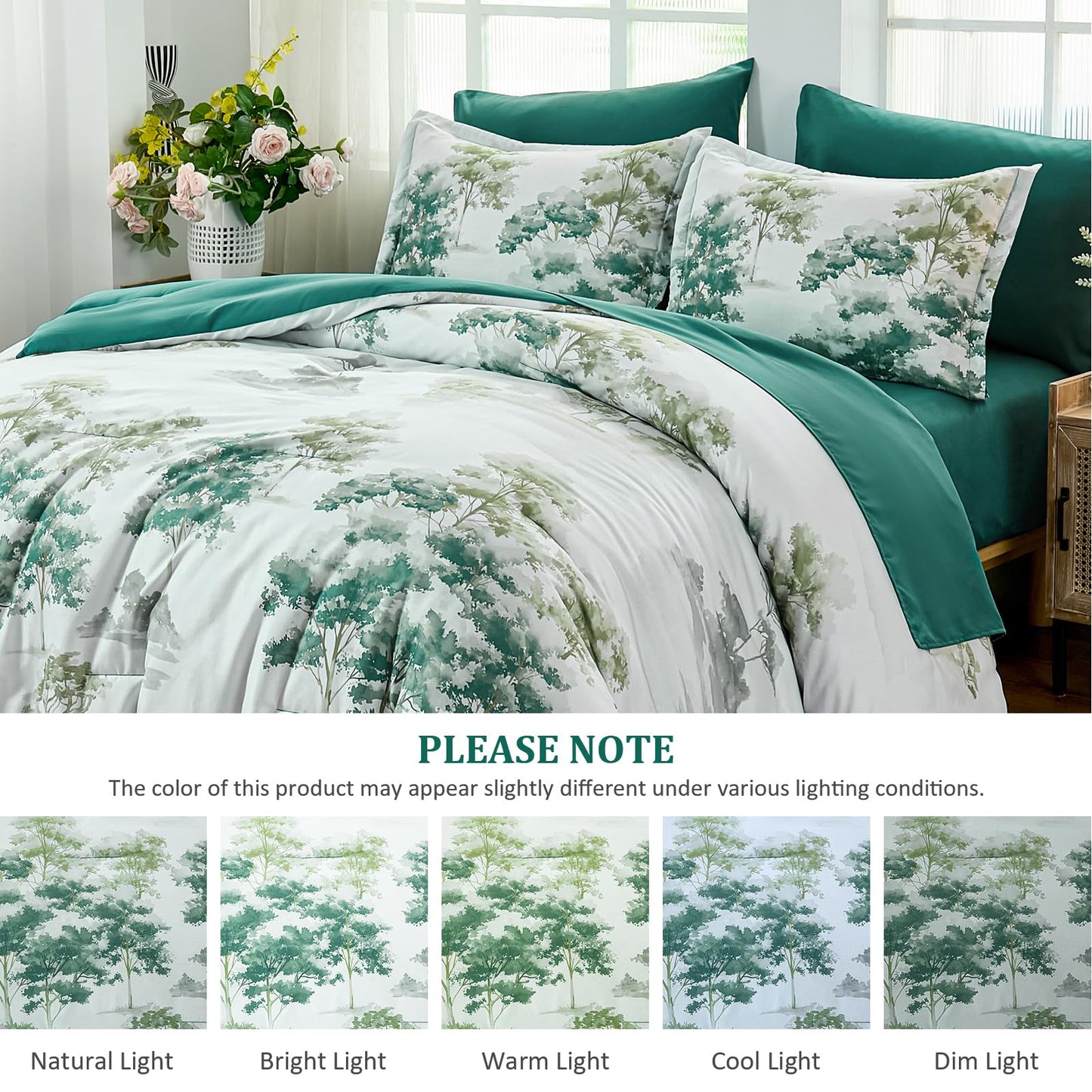 Dinjoy Queen Comforter Set, 7 Piece Comforter Set Queen, White Queen Size Bed Sets, Queen Sheet Set with Comforter, Flower Bedding Sets with Comforter, Fitted & Flat Sheets, Pillowcases & Pillow Shams