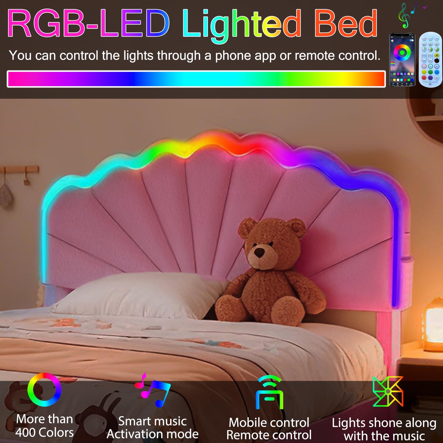BIOEVER Queen Upholstered Children’s Bed with Storage Drawers,Charging Station & LED Lighting,Teddy Velvet,Quiet Support,Easy Assembly,Pink