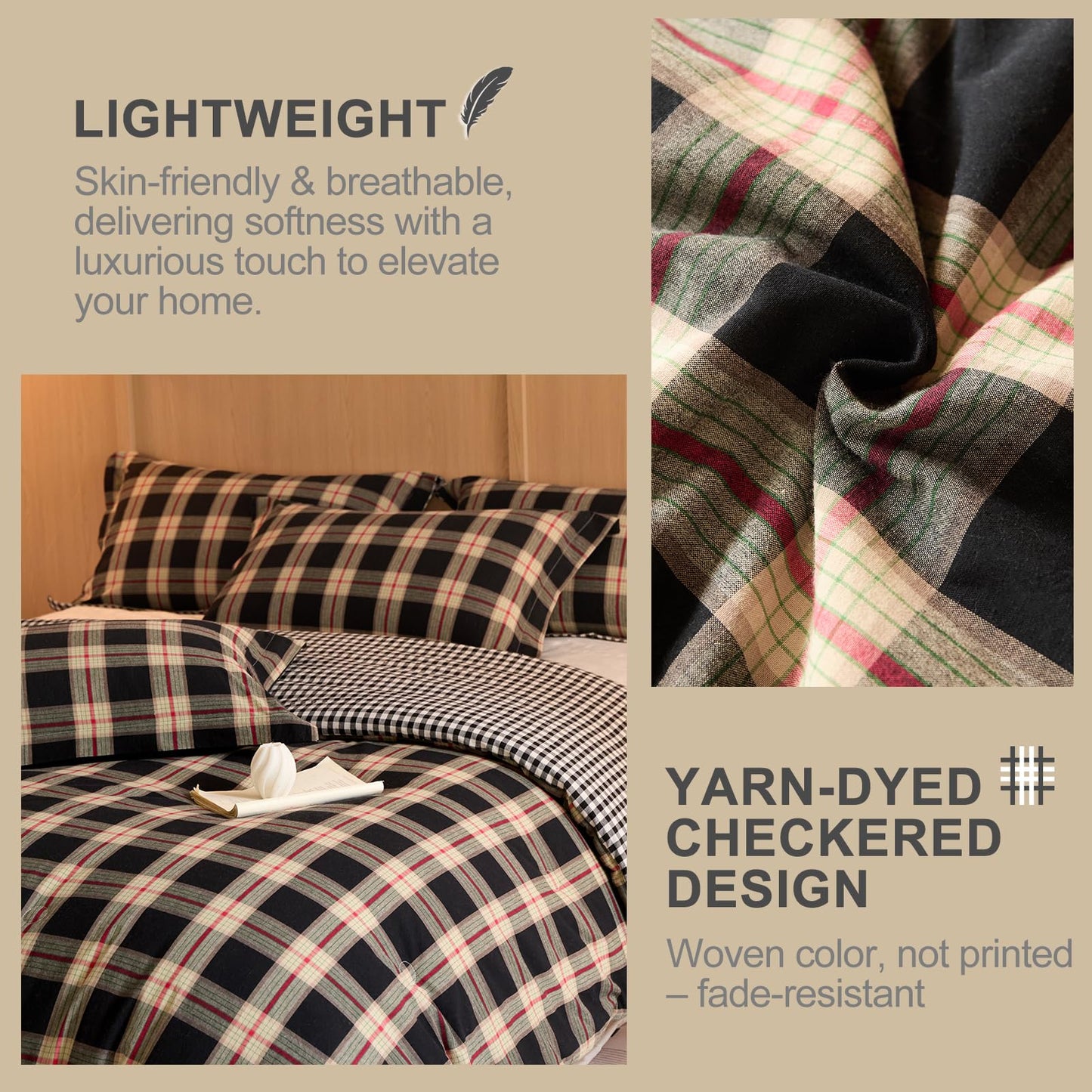 hadamick 100% Cotton Comforter Set Full Size – Reversible Yarn-Dyed Checkered Design, Soft Washed Cotton on Both Sides, Lightweight All-Season Bedding, Machine Washable(Black Red Plaid, 80”x90”)