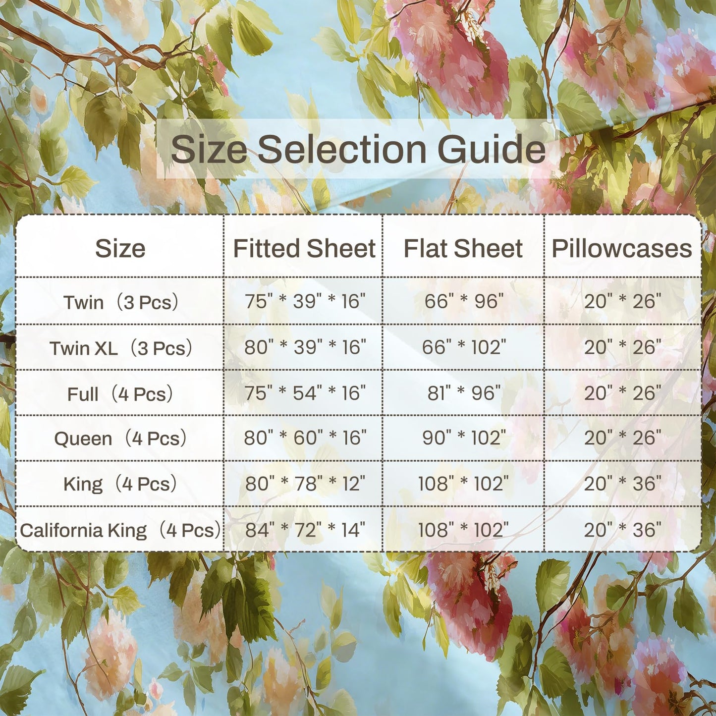 Spring Flower Bedding Set 4 Pcs Blue Sky Floral Full Sheets