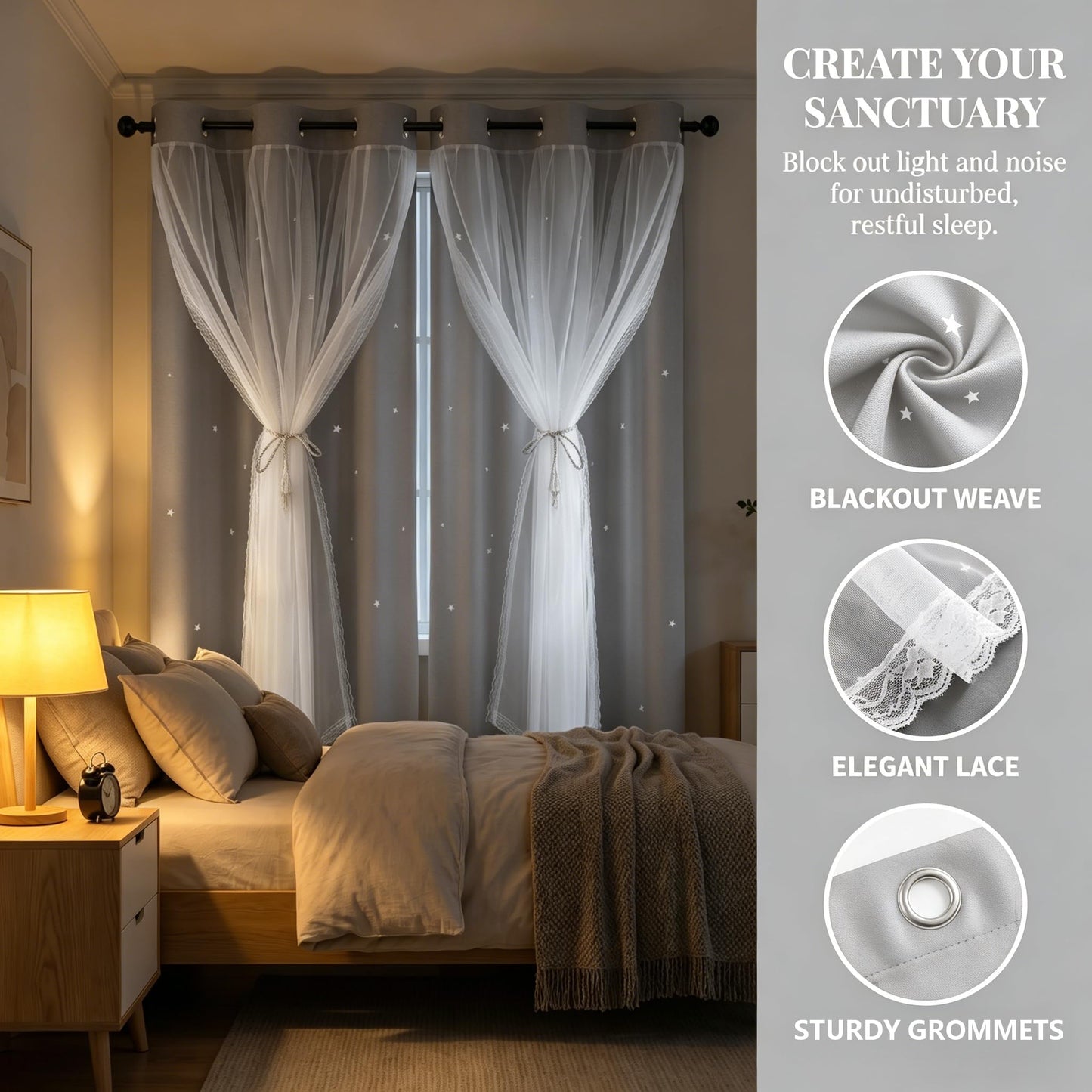 Kinryb 63" Long Star Cut-Out Blackout Curtains 2 Layer Thermal Insulated Overlay Kids Curtains Noise Reducing Drape for Living Room/Bedroom 42" W x 63" L Silver Grey 2 Panels