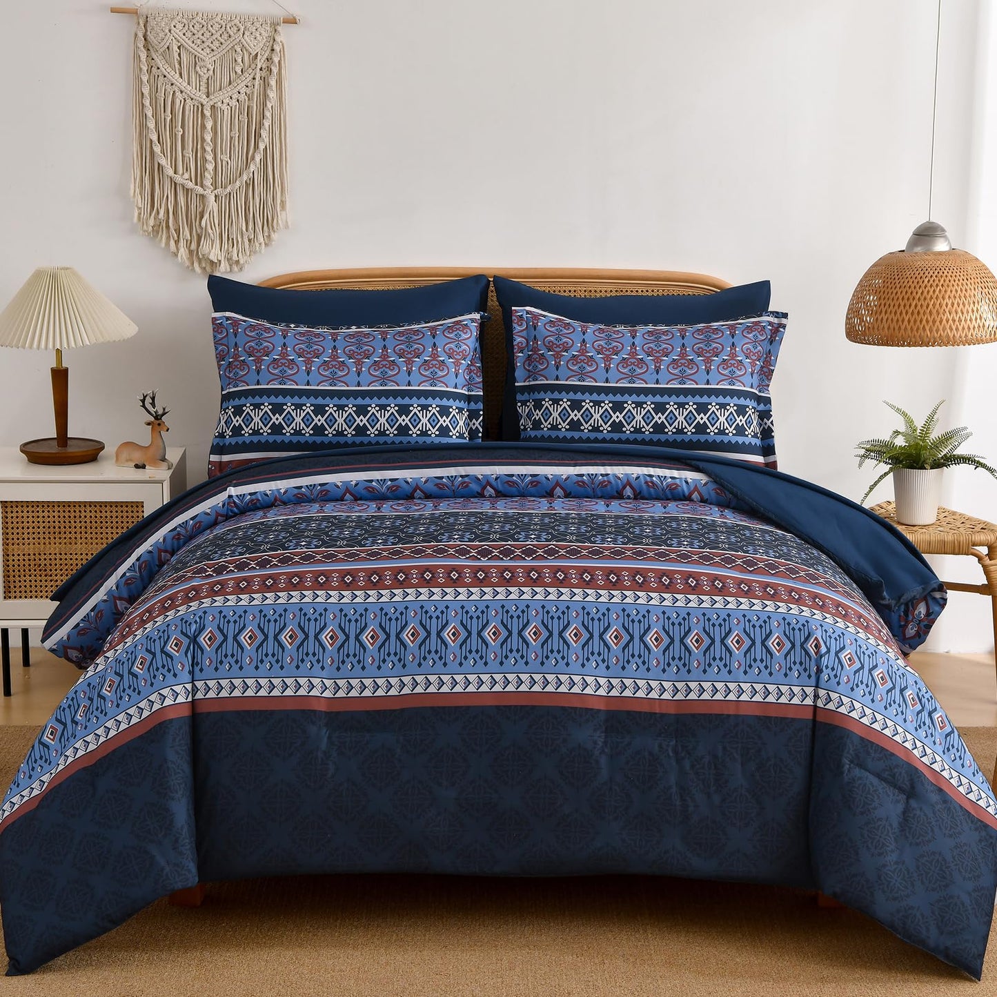 Boho Comforter Set Queen Size,7 Pieces Bohemian Comforter Bedding Set Bed in a Bag,Navy Blue Paisley Floral Comfortet and Sheet Set,Soft Striped Bedding Sets for All Season