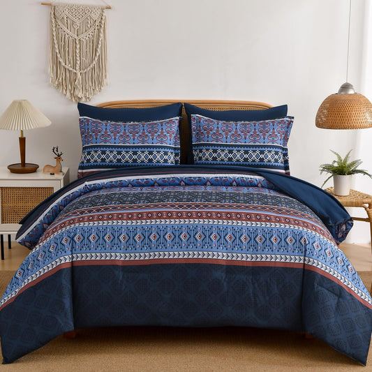 Boho Comforter Set Queen Size,7 Pieces Bohemian Comforter Bedding Set Bed in a Bag,Navy Blue Paisley Floral Comfortet and Sheet Set,Soft Striped Bedding Sets for All Season