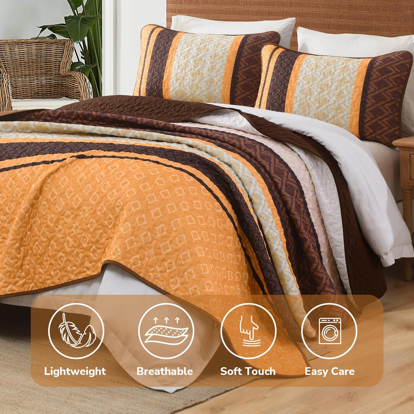 Dinjoy Boho Queen Quilt Set, Soft 3 Pieces Striped Bedspreads, Fall Orange Bedding Sets Micofiber Lightweight Quilts with 2 Pillow Shams Coverlet Bed Sets for Women Men 96''x90''