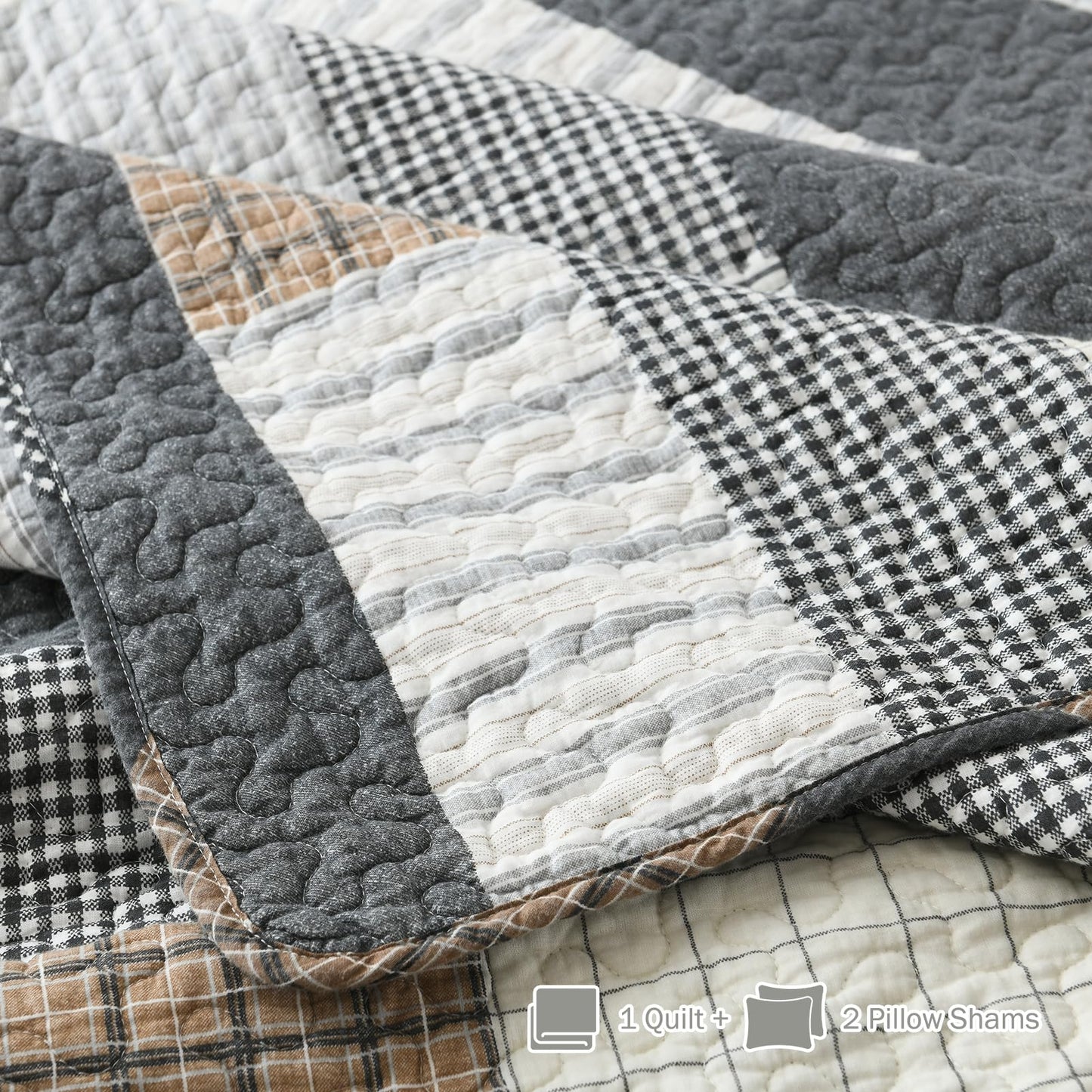 Y-PLWOMEN Queen Quilt Set 100% Cotton Lightweight Quilts Queen Size, Cozy Farmhouse Striped Stitch Home Decor Bedding, Rustic Quilted Bedspread Set for All Season, 3-Pieces