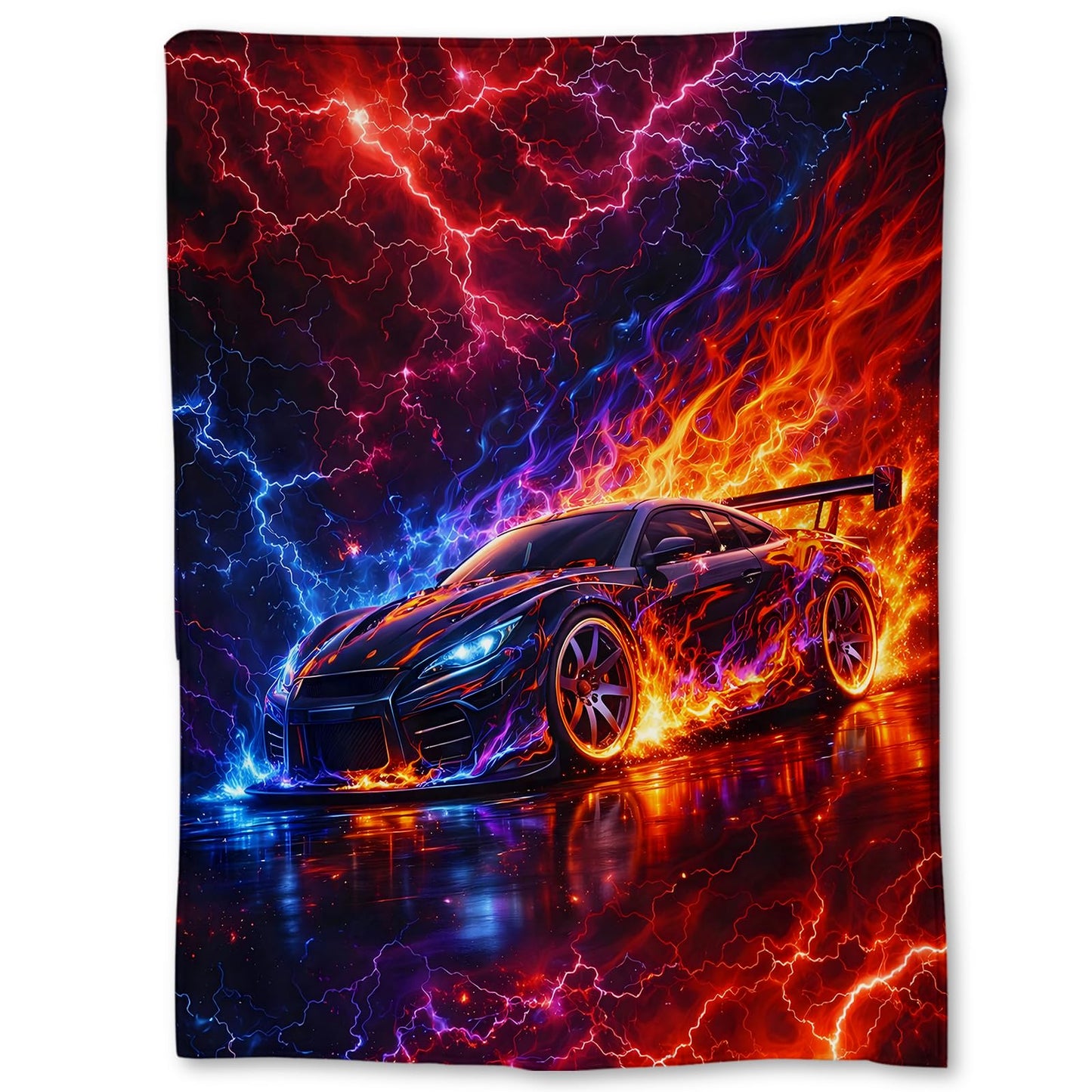 Ti Caldi Sports Car Blanket Gifts, Race Car with Fire Flames and Electric Lightning Flannel Throw Blanket for Couch, Bed, Travel & Decor, Cozy Lightweight Warm Blankets for Men Boys Teens 60×50 in