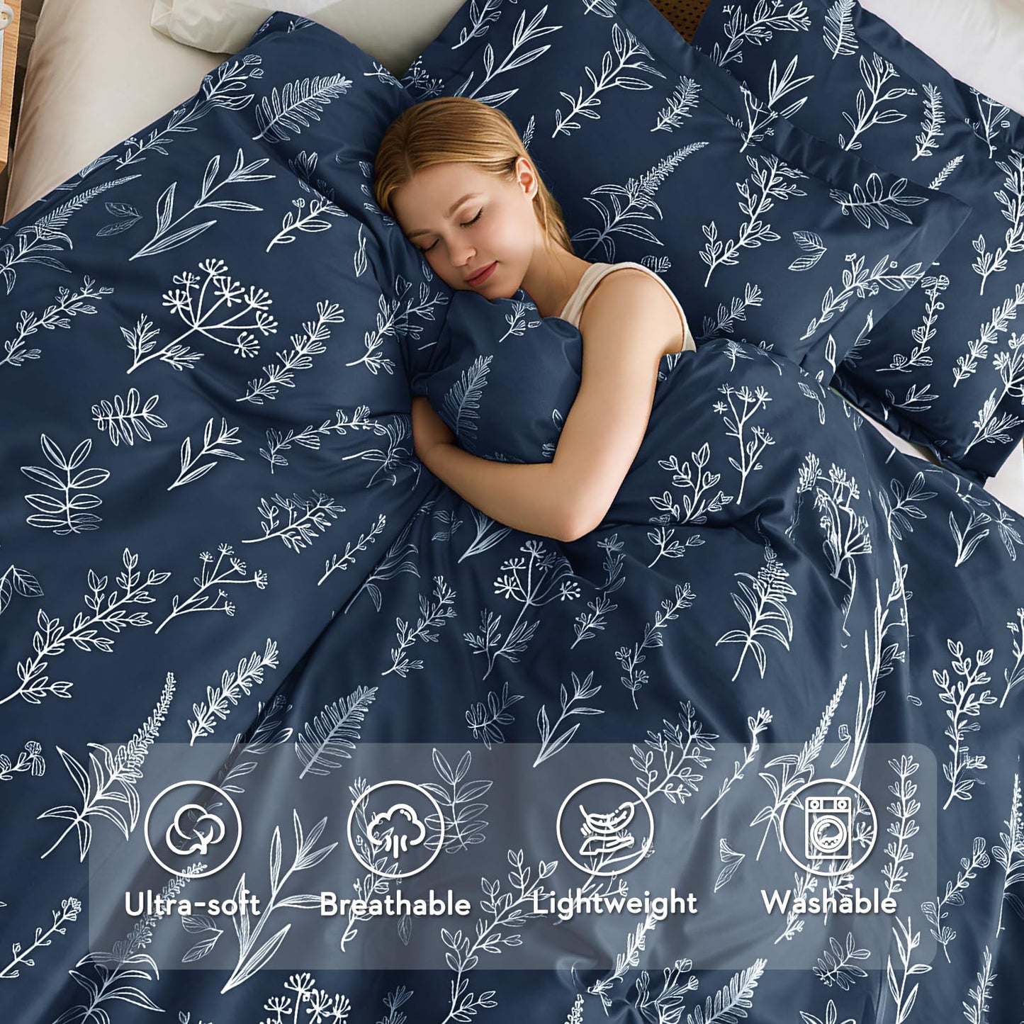 MUXHOMO Duvet Cover Queen Size, Reversible Floral Navy Duvet Cover Set with Zipper Closure, 3 Pieces Botanical Patterns Soft Microfiber Bedding Set with 4 Ties (90"x90", 2 Pillow Cases)