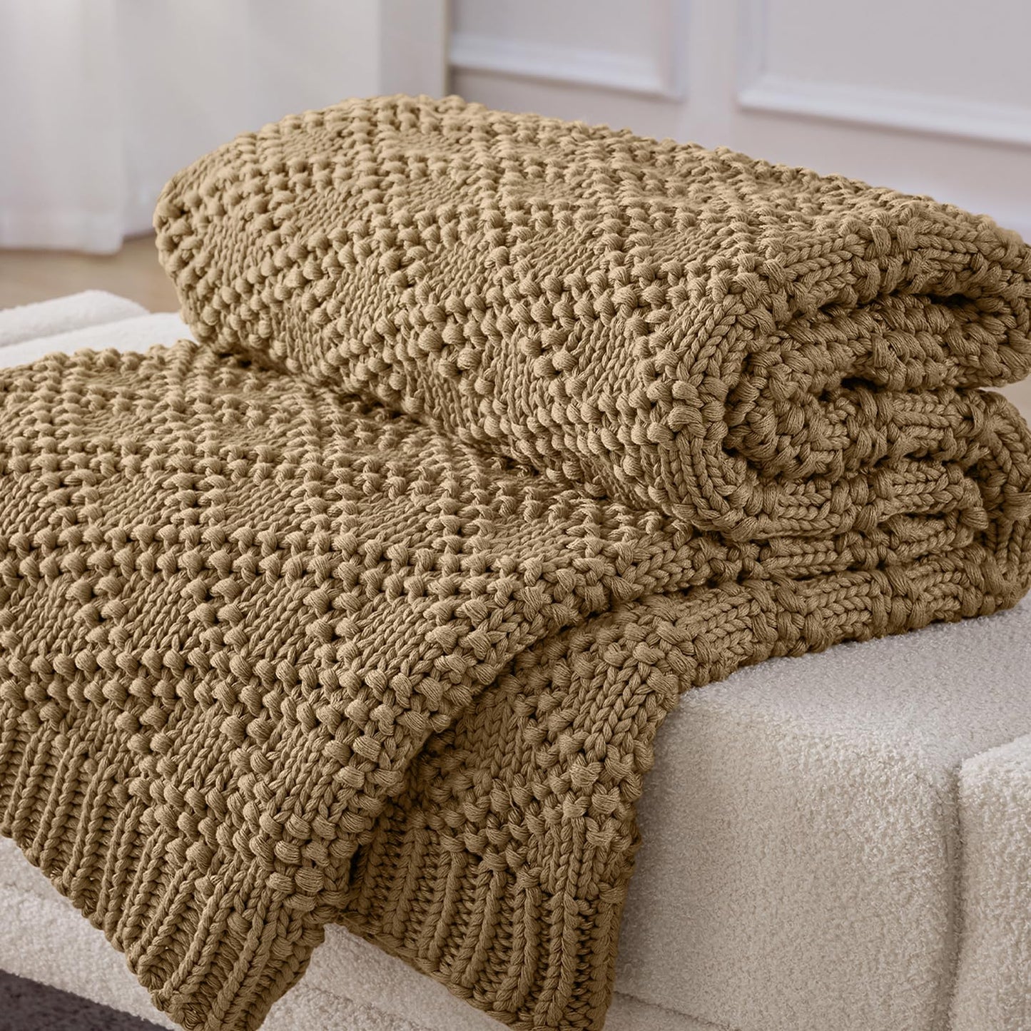 Anysay Knitted Weighted Blanket for Adult, Chunky Knit Weighted Throw for Sleep 60"*80" 20lbs, Cooling Breathable Machine Washable Fall Heavy Blanket for Room Decor (Beige, Queen)