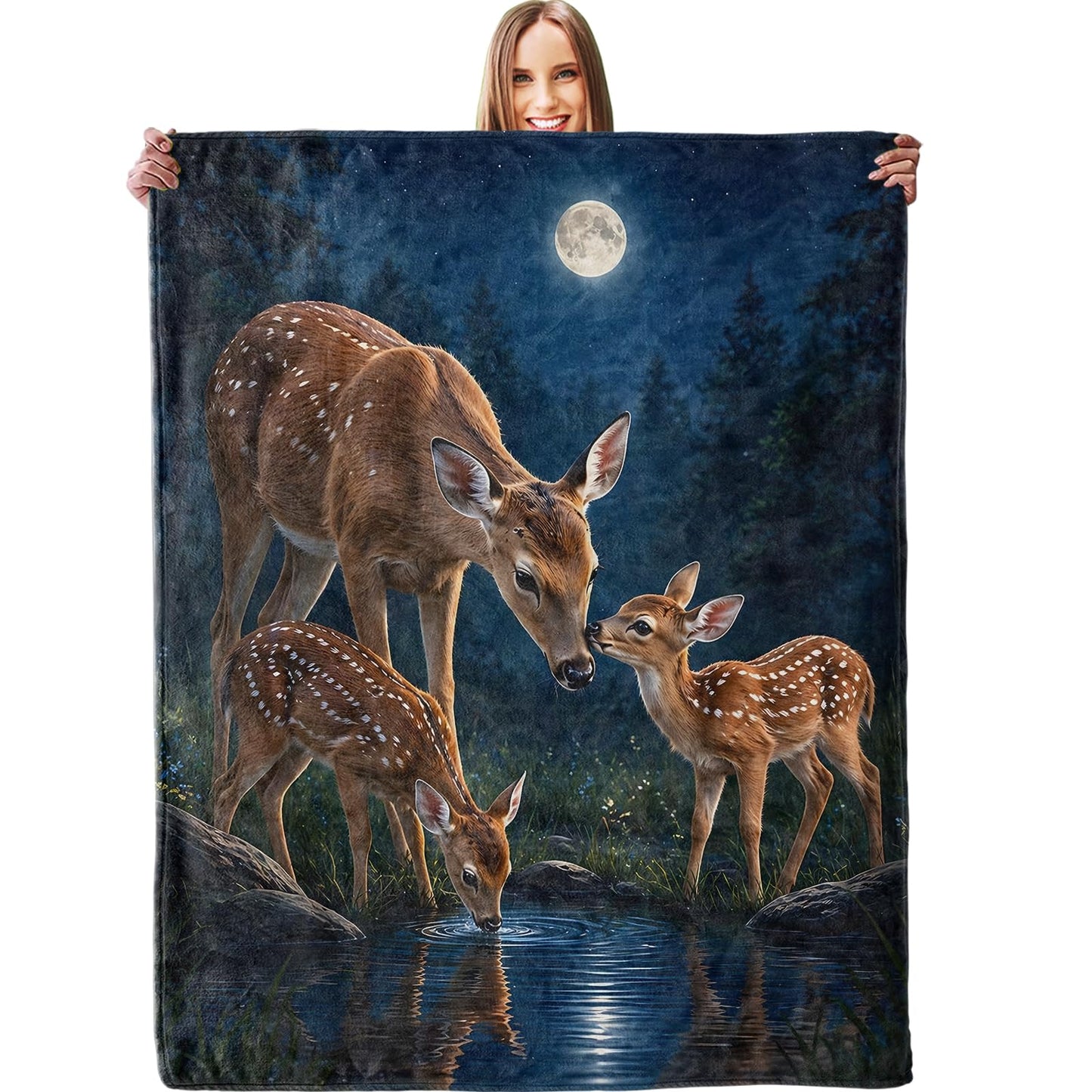 dhakalrlde Serene Deer Family Blanket, Soft Moonlit Forest Wildlife Throw Blanket Gifts for Women Kids, Lightweight Warm Cozy 60×50 inch Flannel for Couch, Travel, Bed, Decor