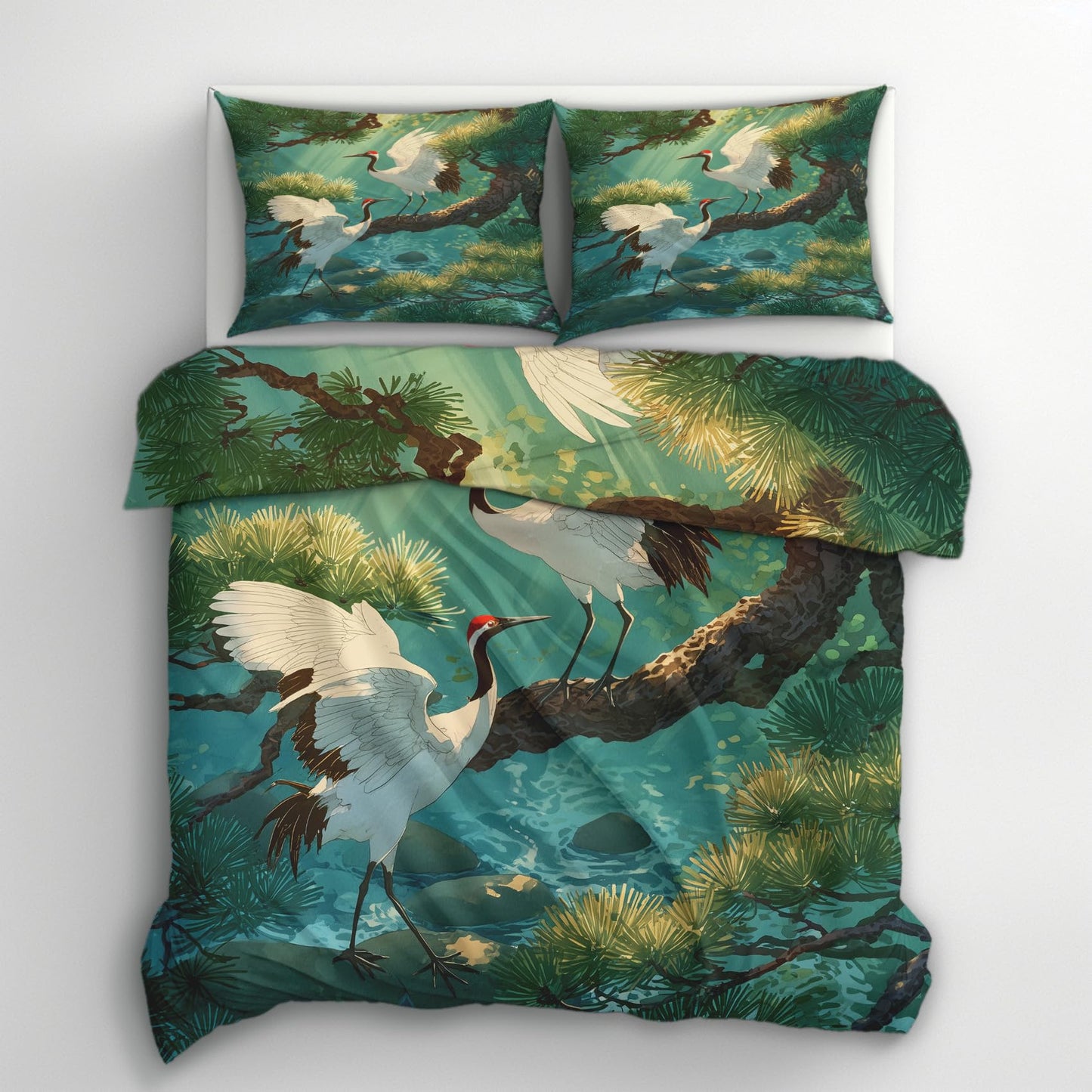 zcwl Japanese Crane Duvet Cover Oversized King Size | Pine Tree Bird Bedding Set | 3 Piece | Soft Microfiber Patterned Comforter Cover with Zipper Ties & 2 Pillowcases | Green Nature Bedroom Decor