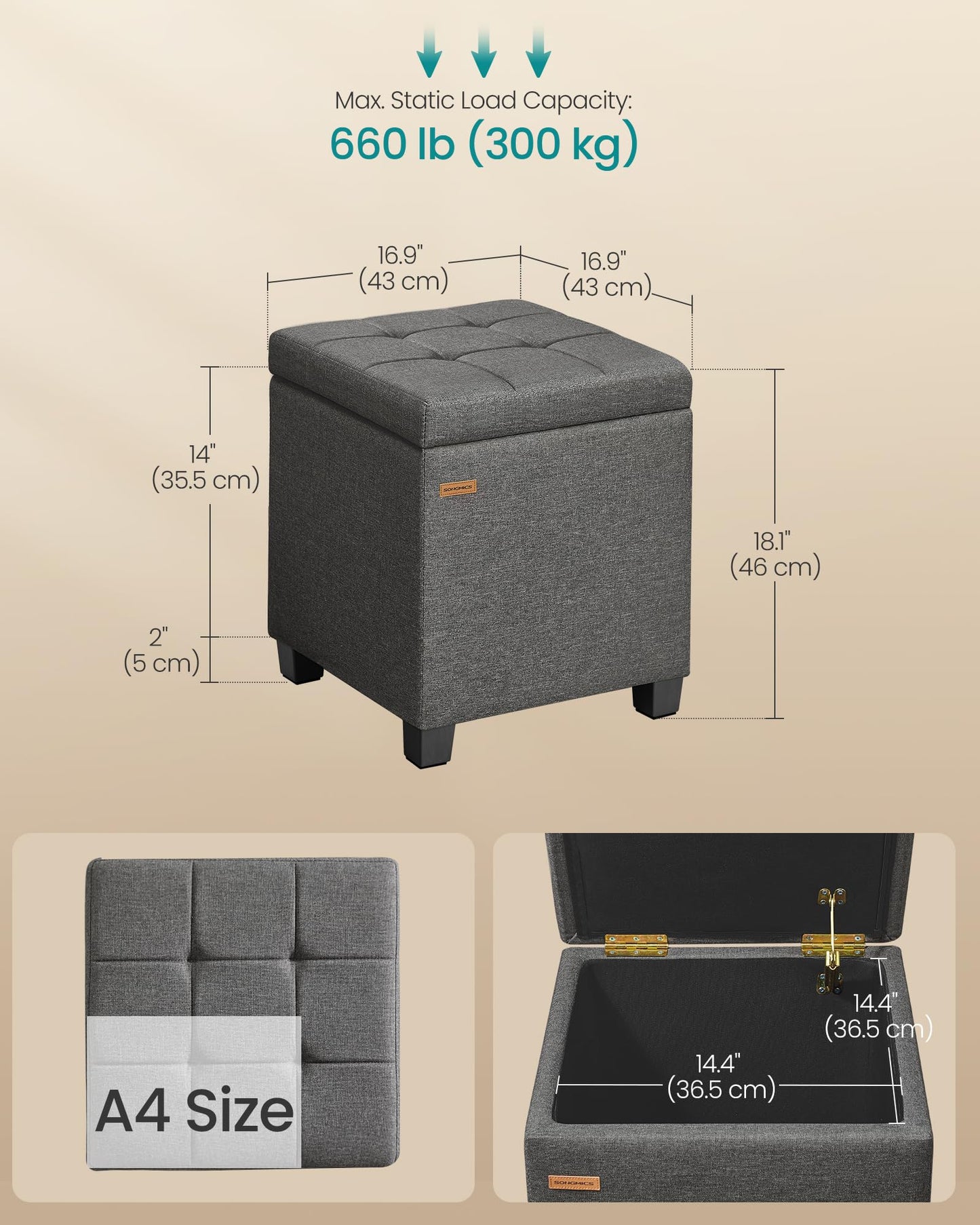SONGMICS Square Storage Ottoman, Foot Stool Footrest with Legs, Ottoman Cube with Hinged Lid, for Living Room, Bedroom, 16.9 x 16.9 x 18.1 Inches, Linen-Look Fabric, Slate Gray ULOM509GN01