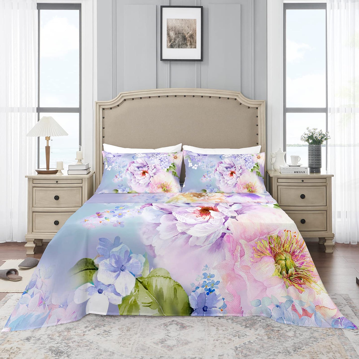 YIYEA Queen Sheet Set, Luxury 1800TC Hotel Quality Double Brushed Microfiber Floral Bed Sheets for Queen Size Bed, Extra Soft, Deep Pocket, Shrinkage and Fade Resistant, 4PC (Queen)